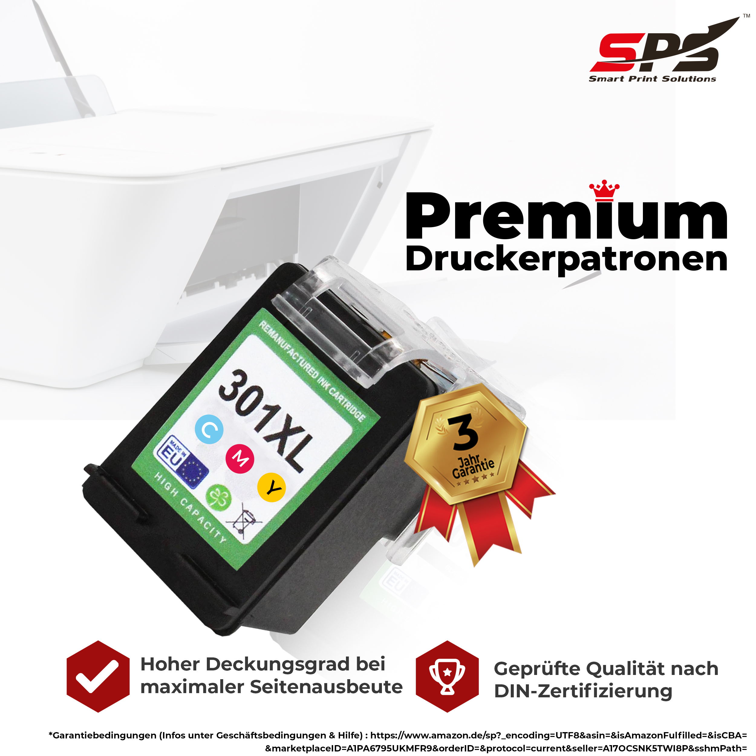Eine schwarze Tintenpatrone mit einem goldenen Siegel vor einem Drucker, mit Text