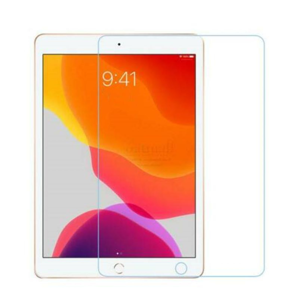 iPad blanc avec protecteur d'écran, affichant 9h41. Fond clair. Incliné sur la surface blanche.