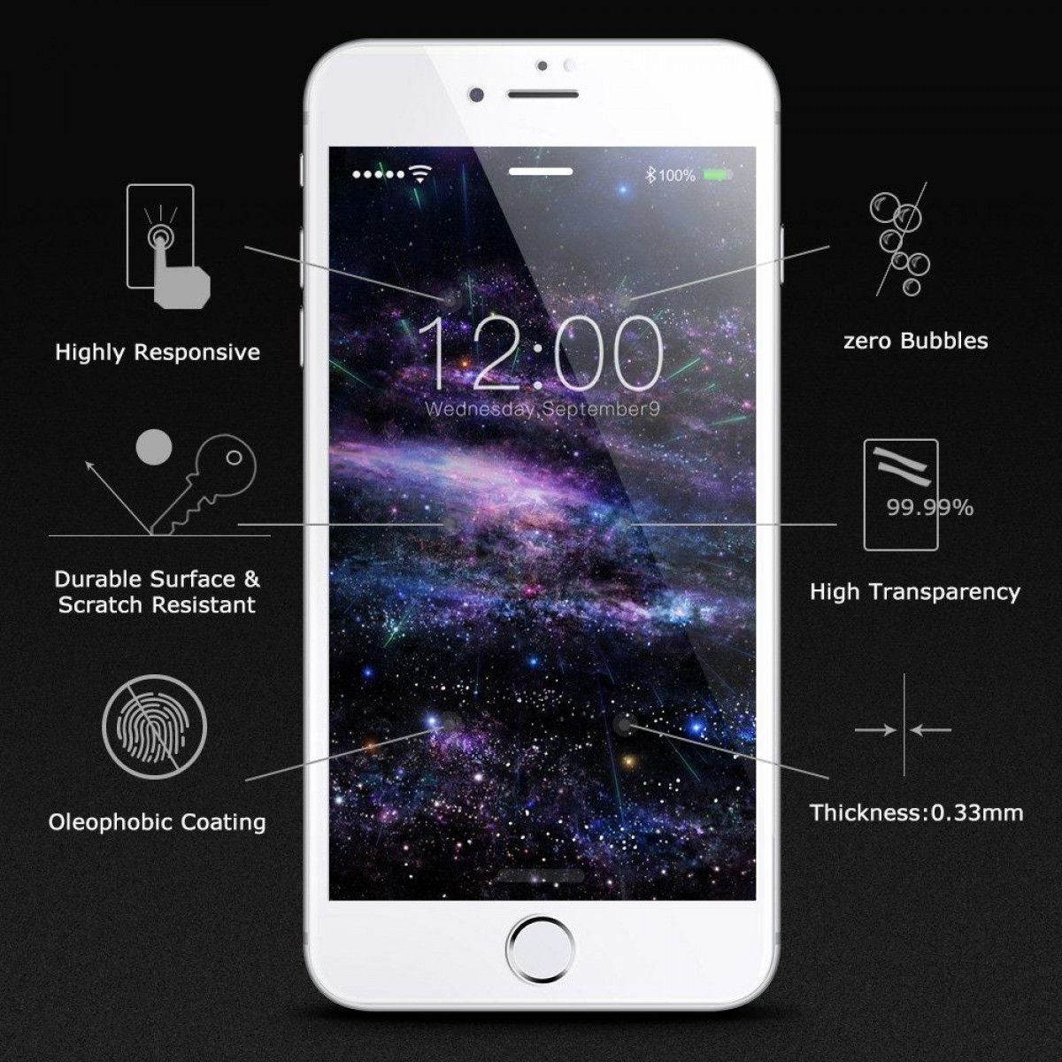 Weißes Smartphone-Display mit Sternenhimmel-Hintergrund und Symbolen. Textkennzeichnungen heben Funktionen hervor.
