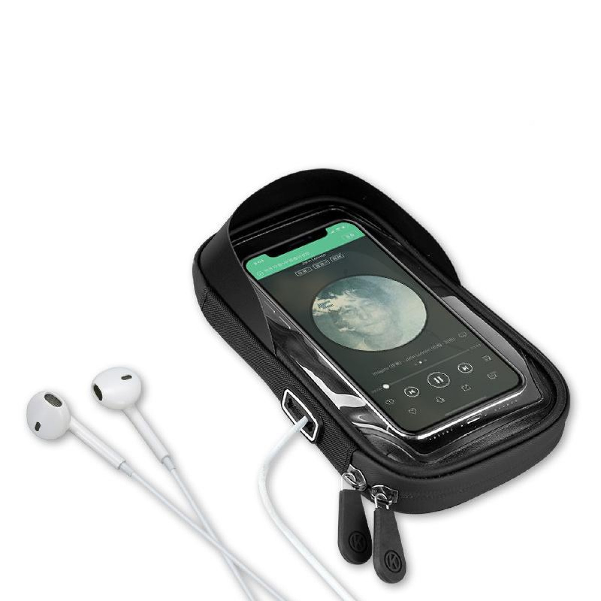 Smartfon w wodoodpornym etui ze słuchawkami.