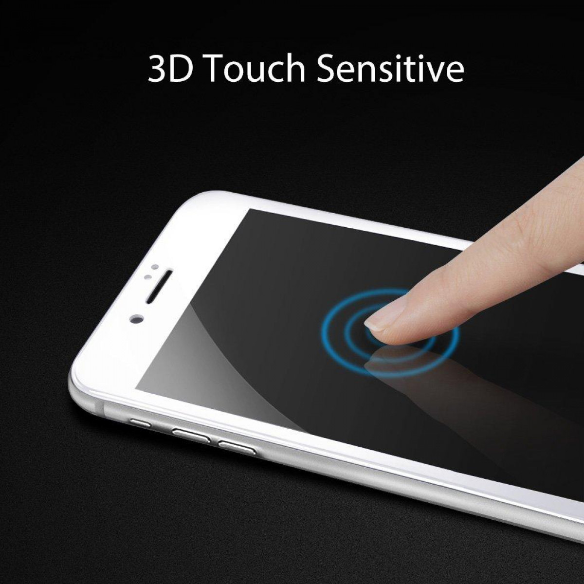 Ein Finger berührt einen Telefonbildschirm mit einem blauen Kreis, der die Berührung anzeigt. Text: 3D Touch Sensitive.