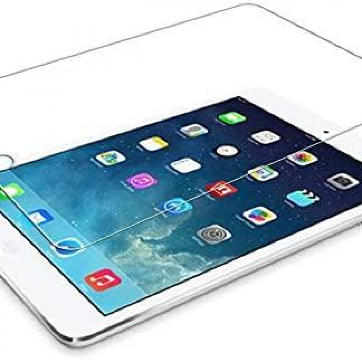 Tablette avec un protecteur d'écran. La tablette est blanche avec de nombreuses icônes d'applications à l'écran.