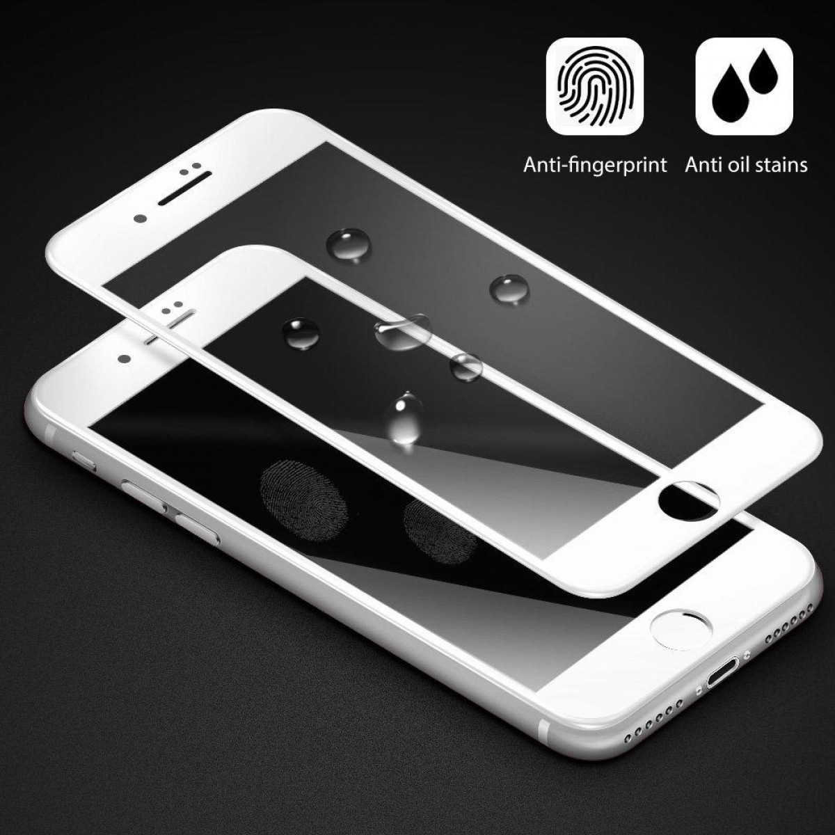 Zwei weiße Smartphones mit aufgebrachter Displayschutzfolie. Text zeigt Anti-Fingerprint und Ölflecken.