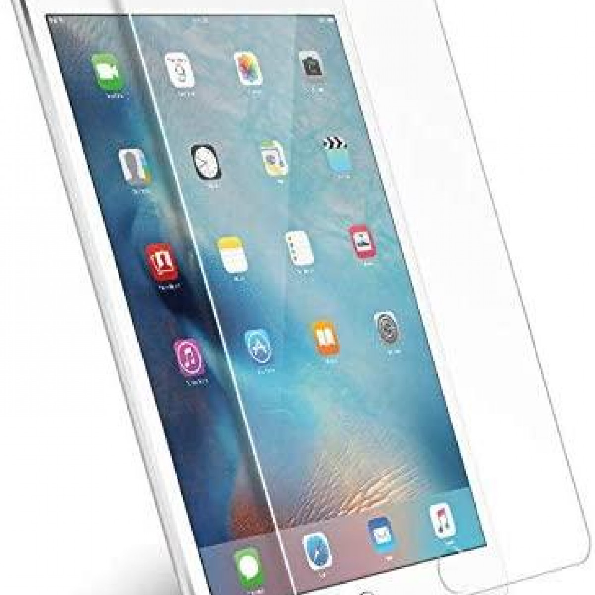 Un iPad avec protecteur d'écran. Il affiche des icônes d'applications. Le protecteur est à droite.