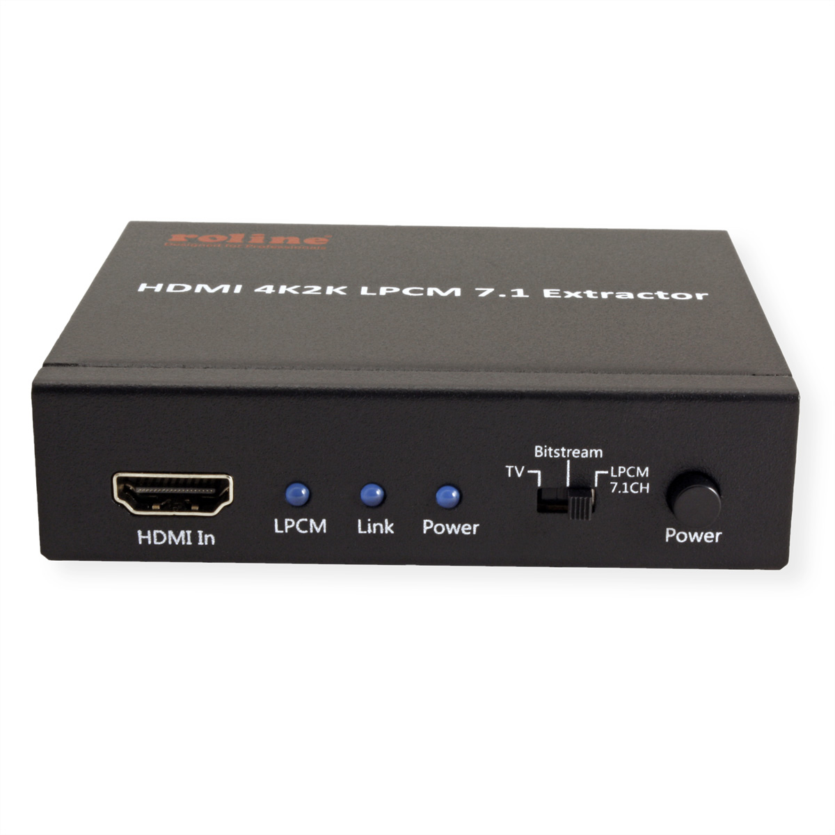 Estrattore HDMI nero con pulsanti e porte. Testo in alto: "HDMI 4K2K LPCM 7.1 Extractor".