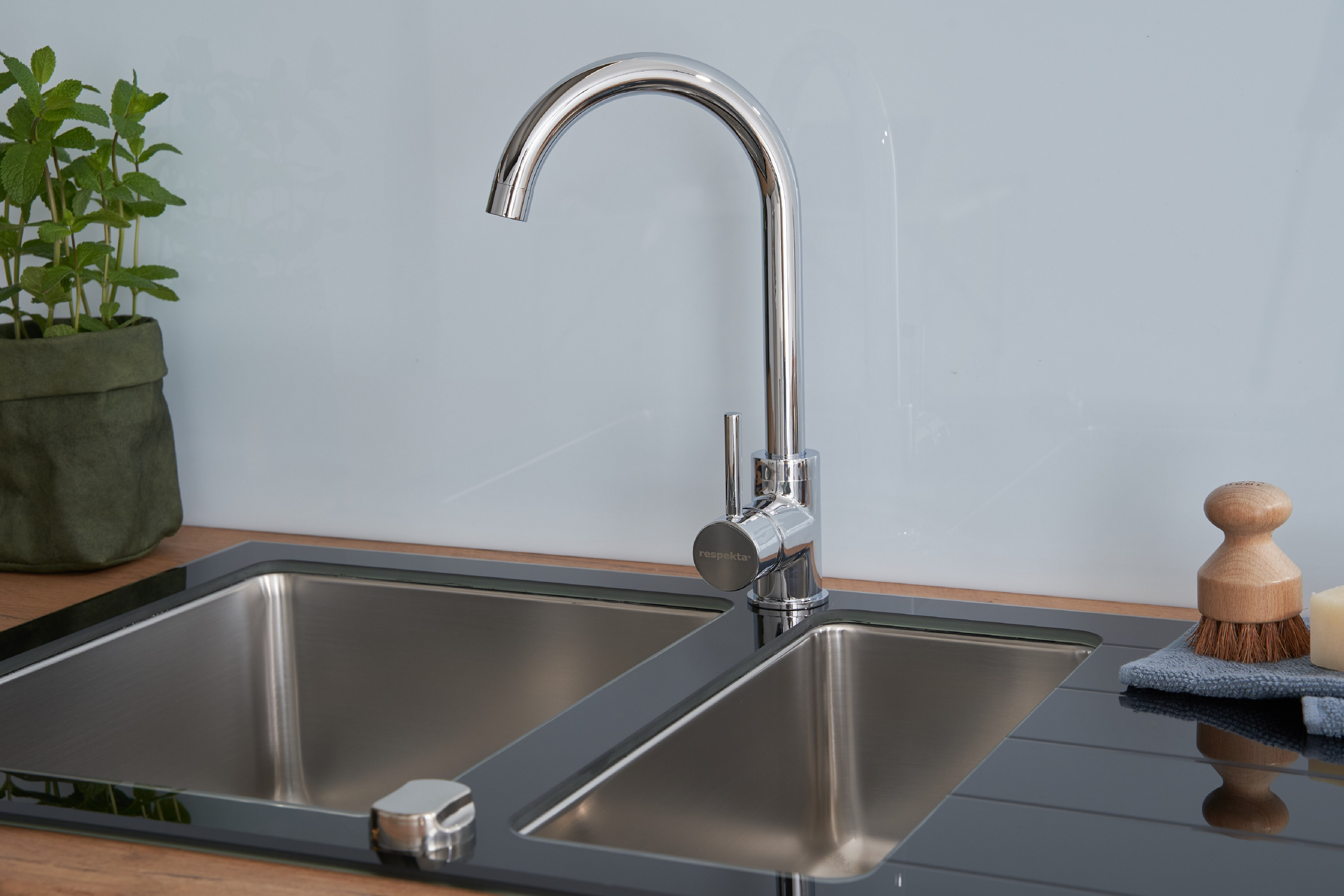 Ein Küchenspülbecken mit Chromarmatur, Seifenspender und einer grünen Pflanze.