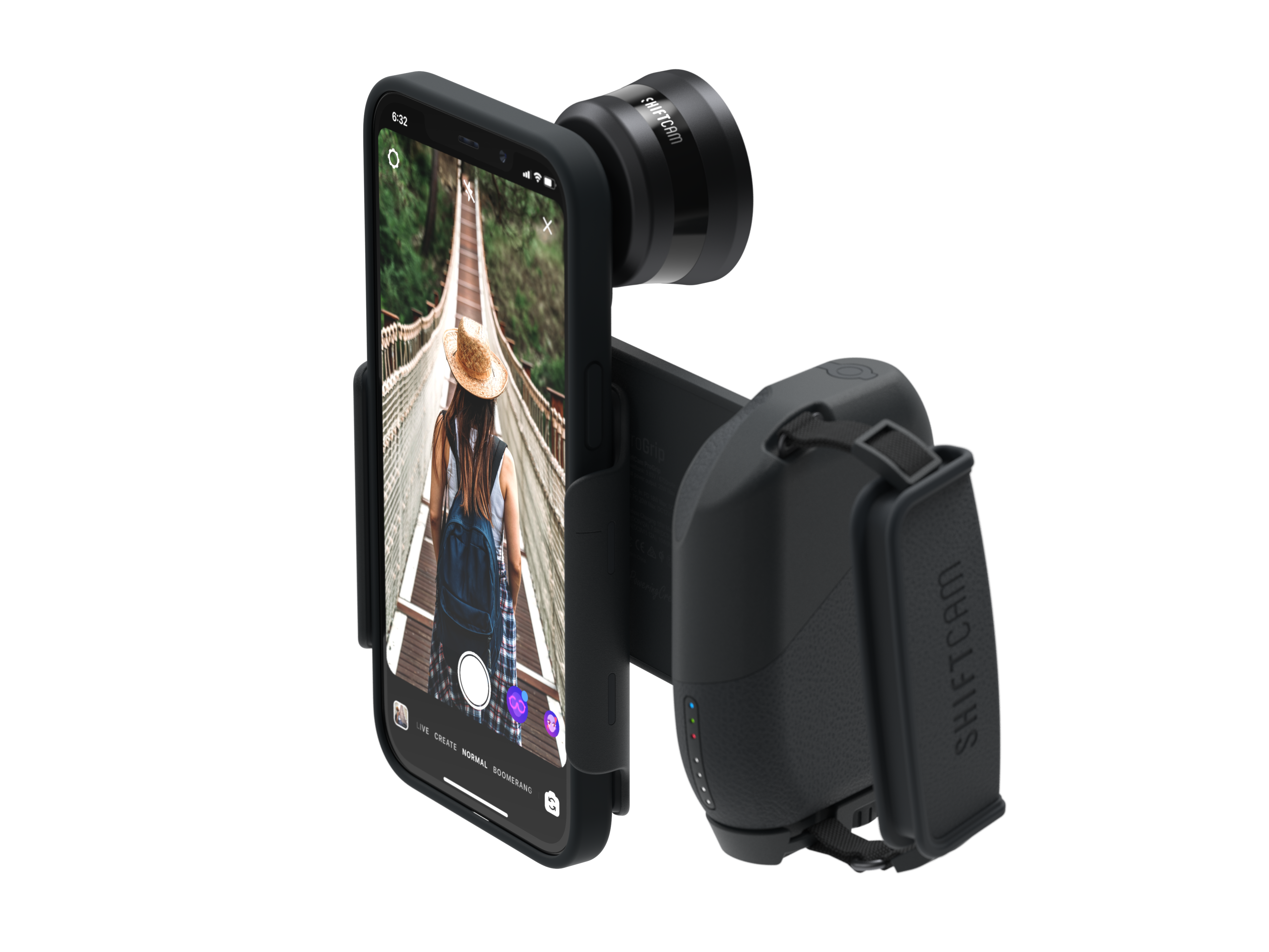 Bir köprü sahnesi gösteren, lens takılı bir telefon ve takılı siyah bir aksesuar.
