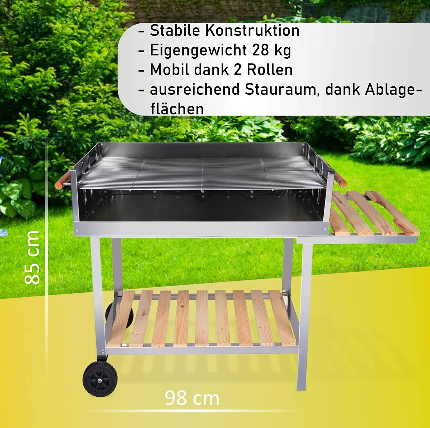 Un barbecue extérieur en acier inoxydable avec des accents de bois, avec des dimensions et des caractéristiques étiquetées.