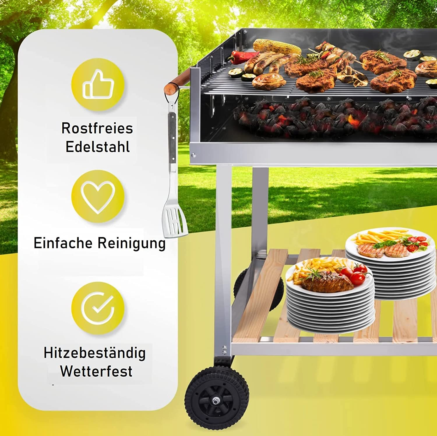 Gril en acier inoxydable avec nourriture, assiettes et spatule. La scène est en extérieur avec soleil.