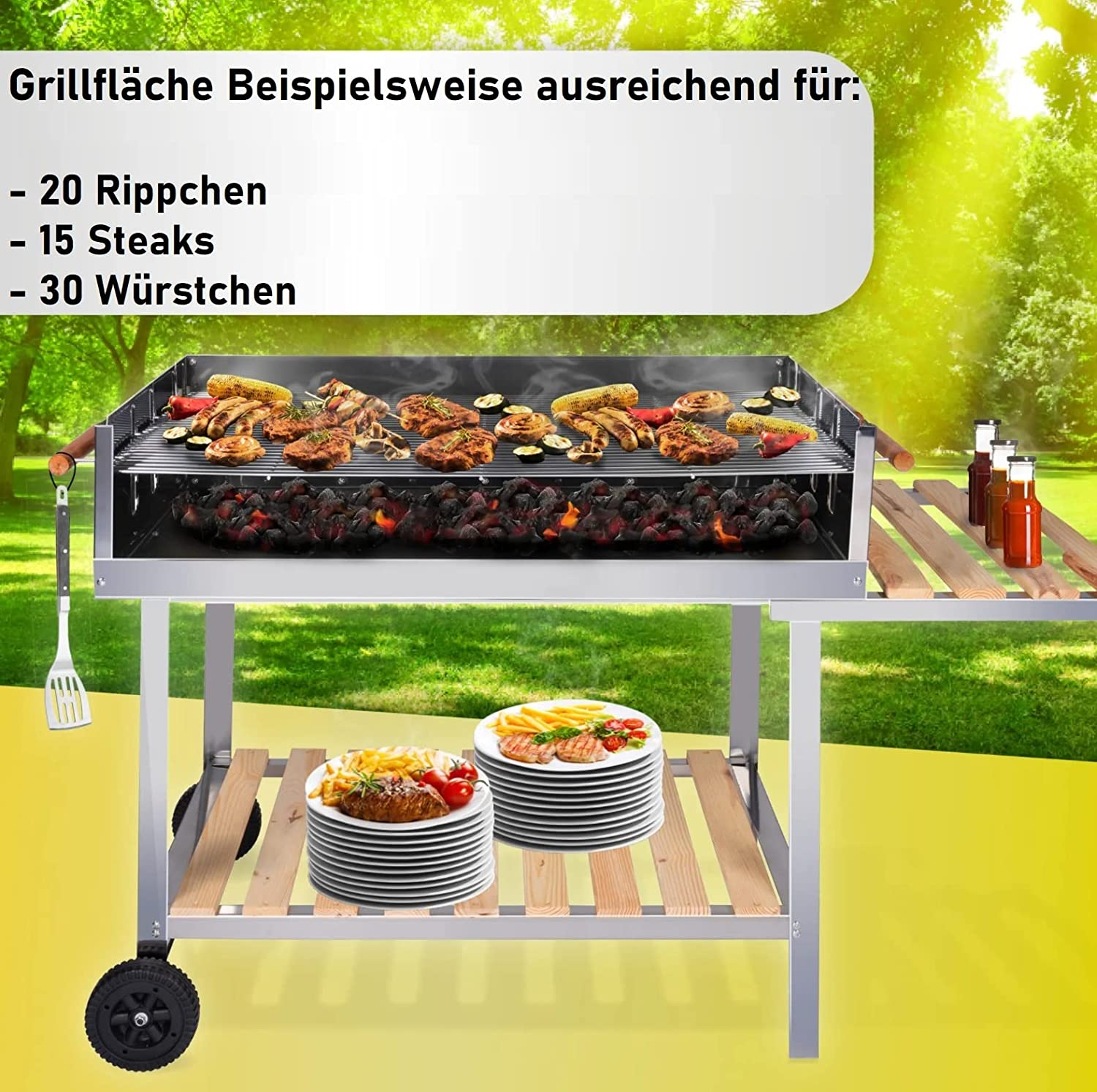 Un barbecue avec de la nourriture, texte avec côtes, steaks et saucisses.