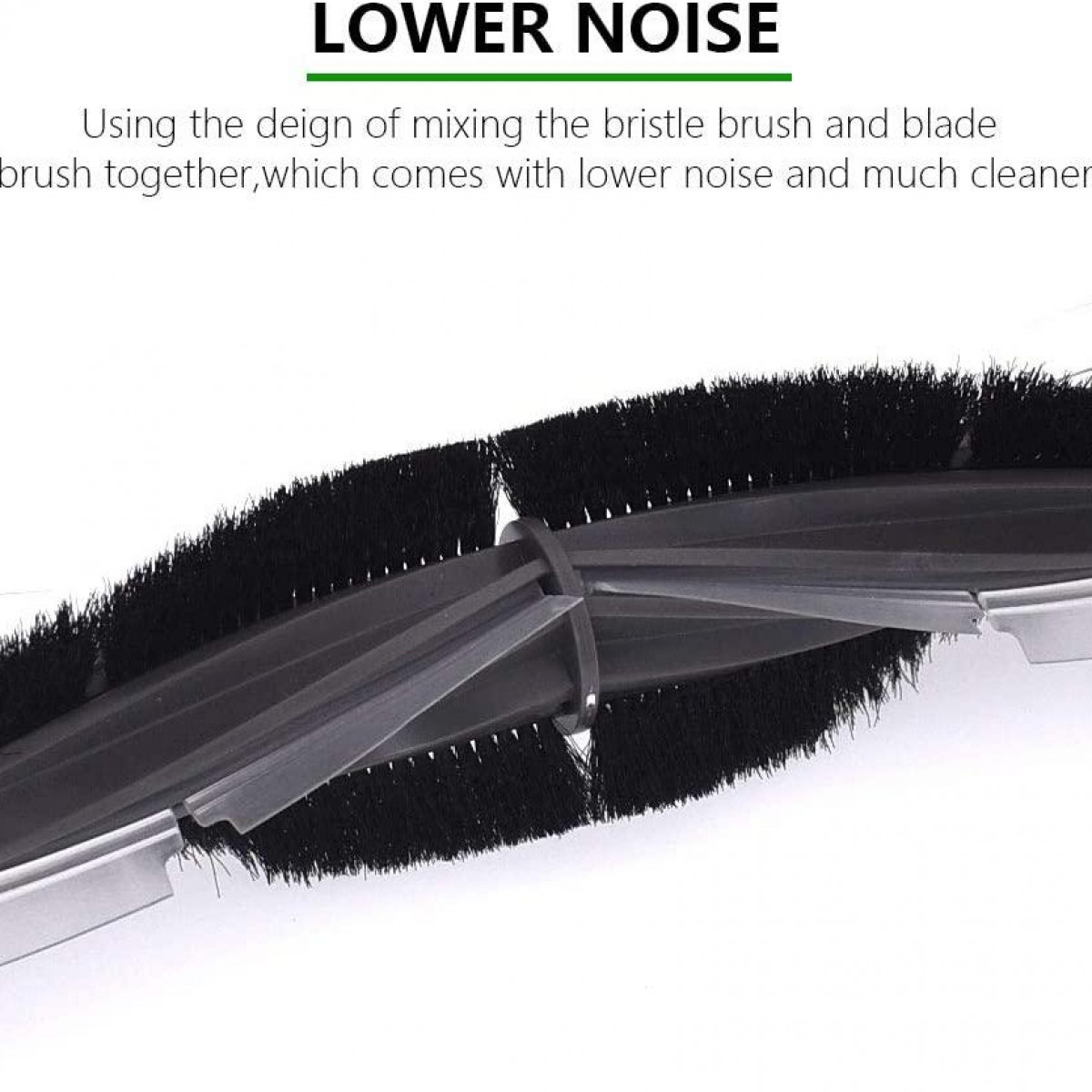 Zbliżenie szczotki do odkurzacza z czarnym włosiem i konstrukcją nośną.