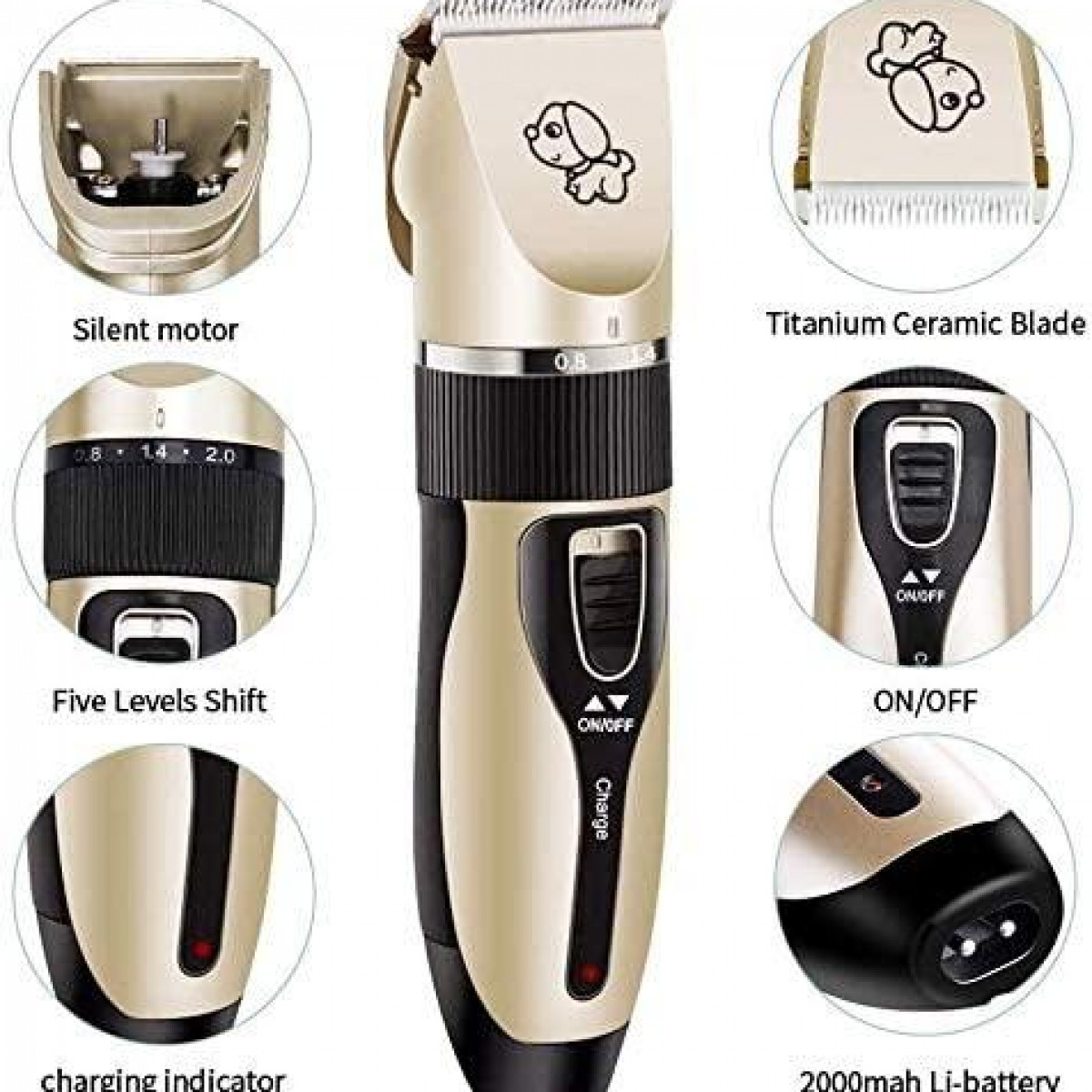 Maszynka do strzyżenia psów ze szczegółami: cichy silnik, 5 poziomów, włącznik/wyłącznik, wskaźnik ładowania.