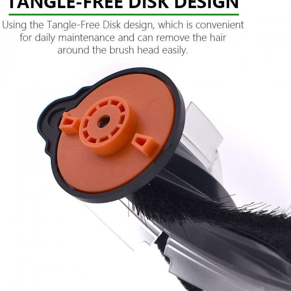 Zbliżenie głowicy szczotki odkurzacza z pomarańczowymi detalami i włosiem.