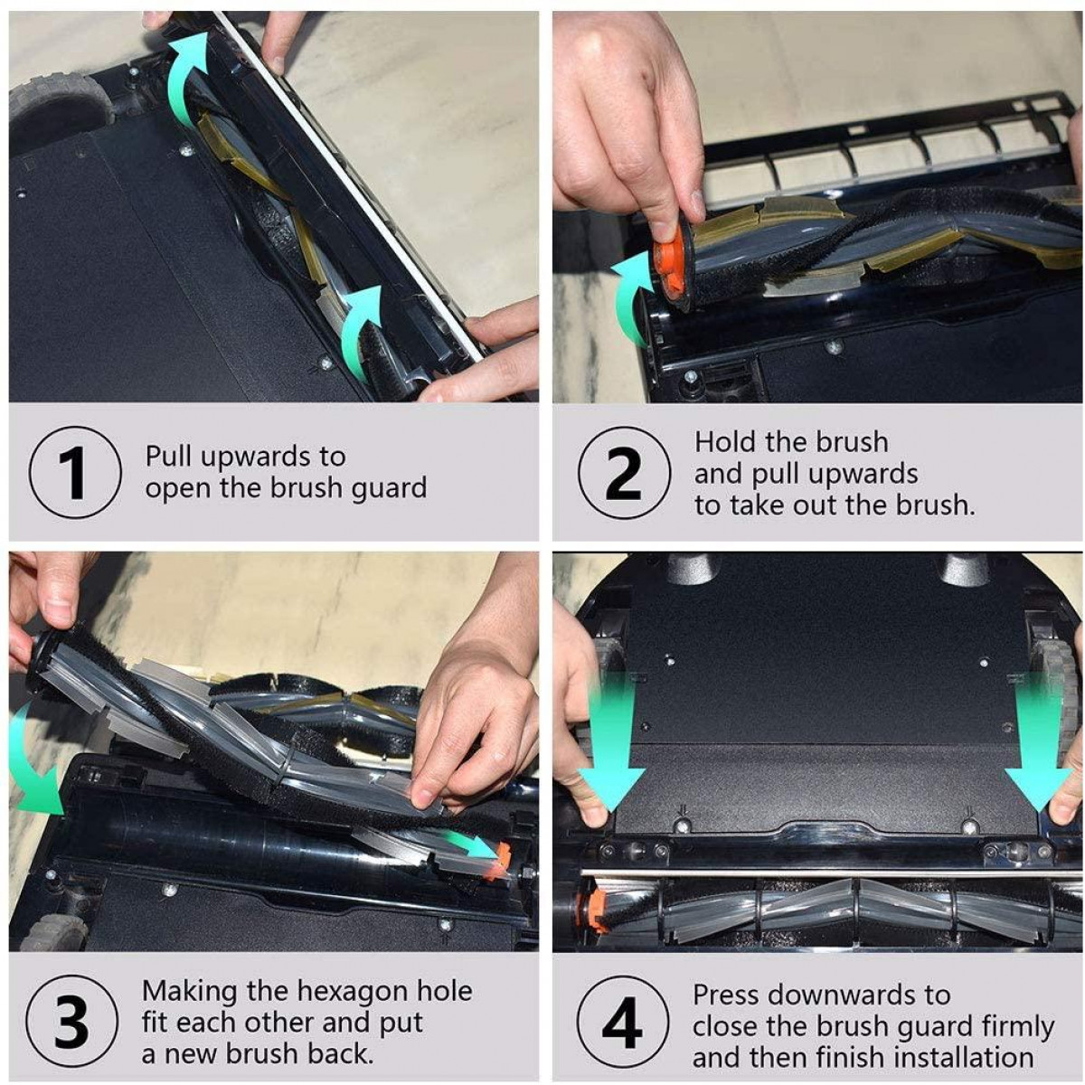 Cztery obrazy pokazujące, jak wyczyścić odkurzacz robota.