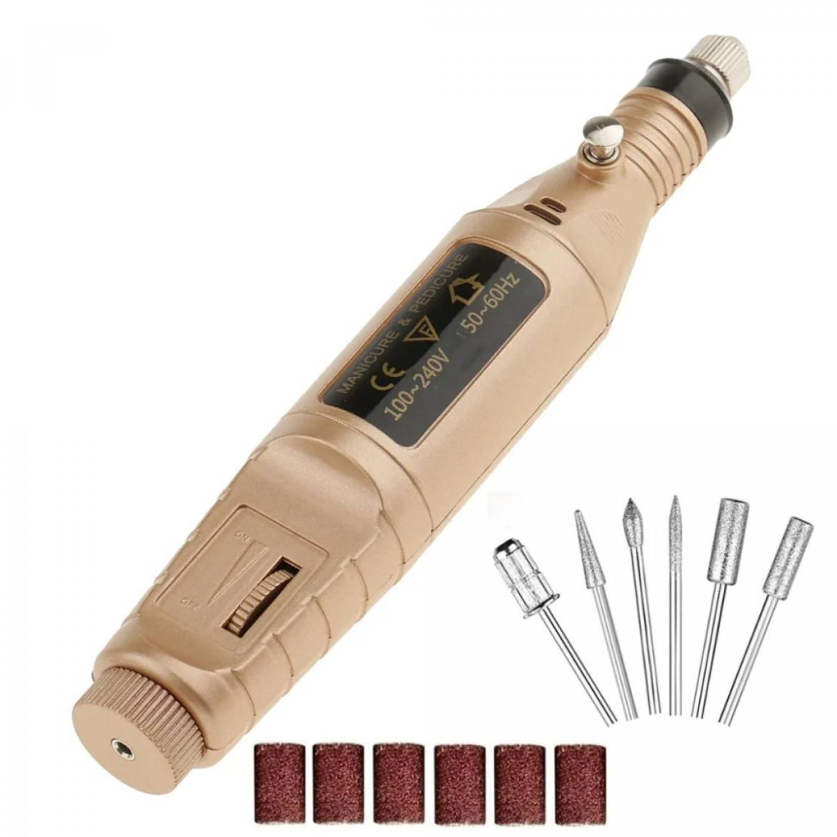 Złoty elektryczny pilnik do paznokci z wieloma wiertłami i taśmami ściernymi.
