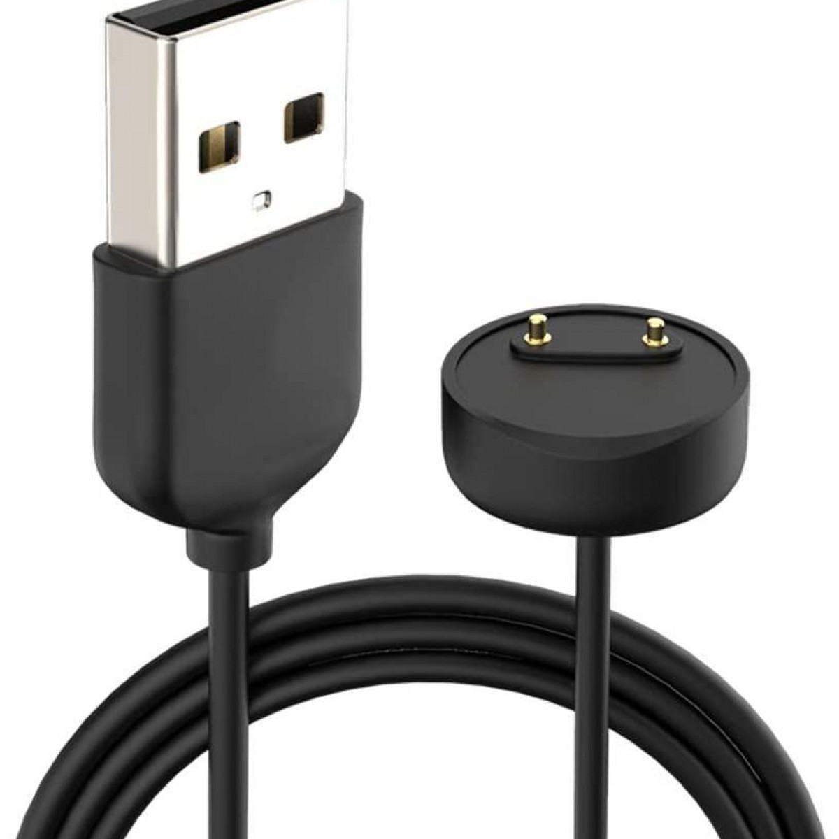 Câble de charge noir avec connecteur USB-A et tête de charge ronde.