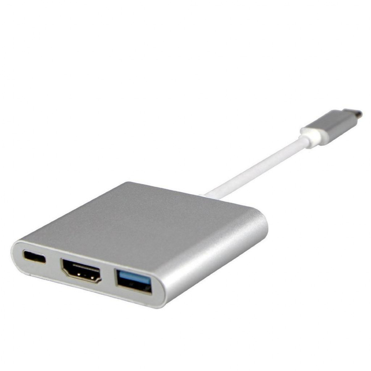 Srebrny adapter z portami USB, HDMI i USB-C, podłączony do białego kabla ze złączem USB-C.