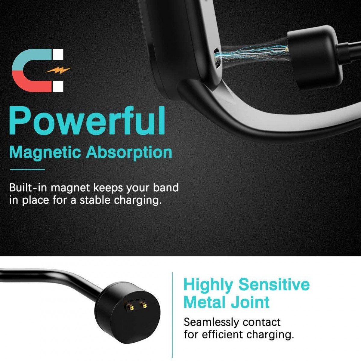 Une publicité montrant un chargeur magnétique noir et des détails sur ses caractéristiques.