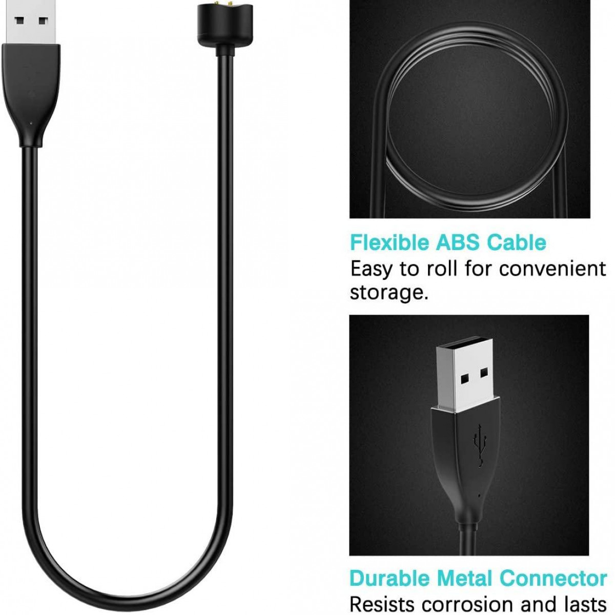 Câble USB noir avec connecteurs USB-A et USB-B. Texte : Câble flexible, connecteur métallique.