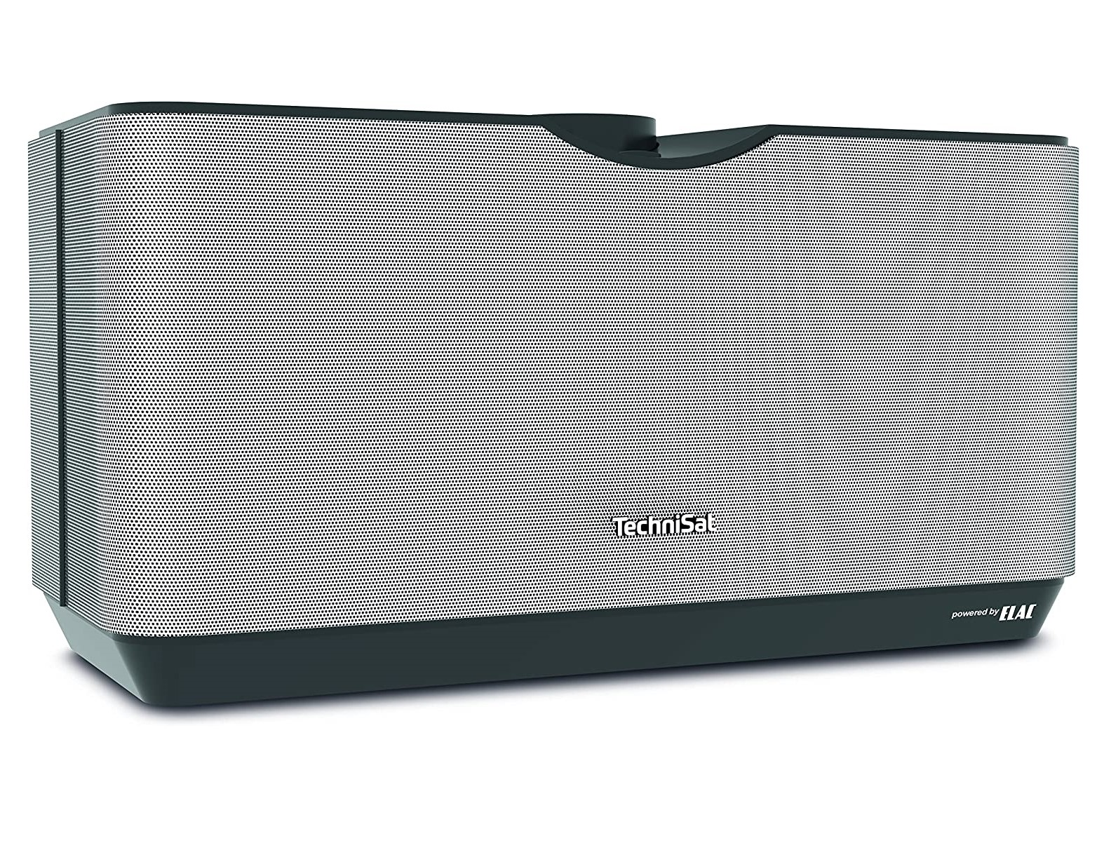 Prostokątny głośnik z siatkowym przodem. Tekst: TechniSat, powered by ELAC.