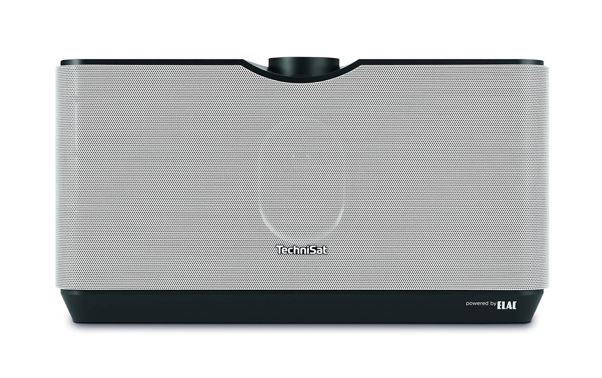 Biało-czarny głośnik z siatkowym przodem. Marka TechniSat i Elac.