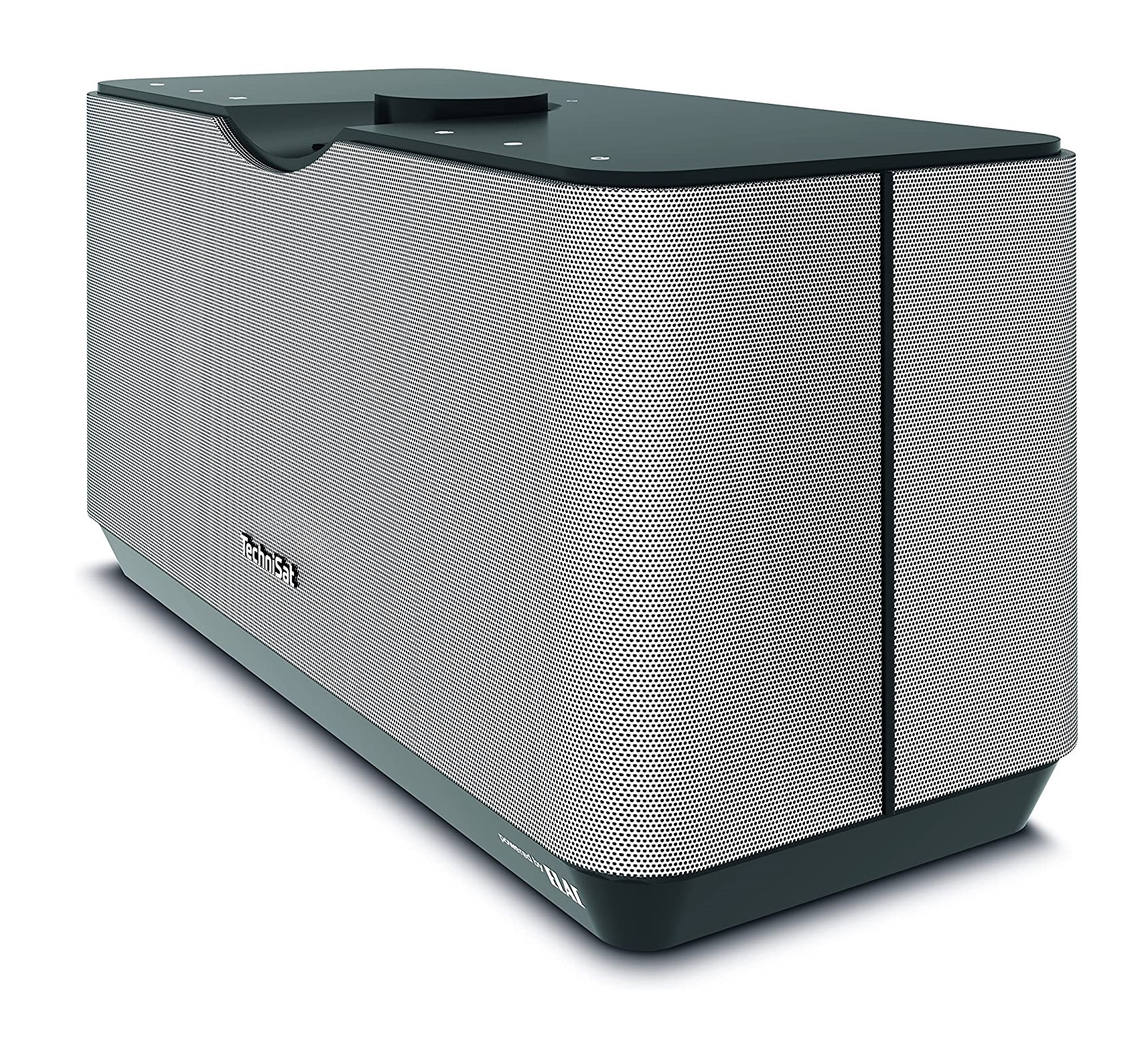 Prostokątny głośnik z czarną górą i dołem, srebrnymi bokami z siatki.