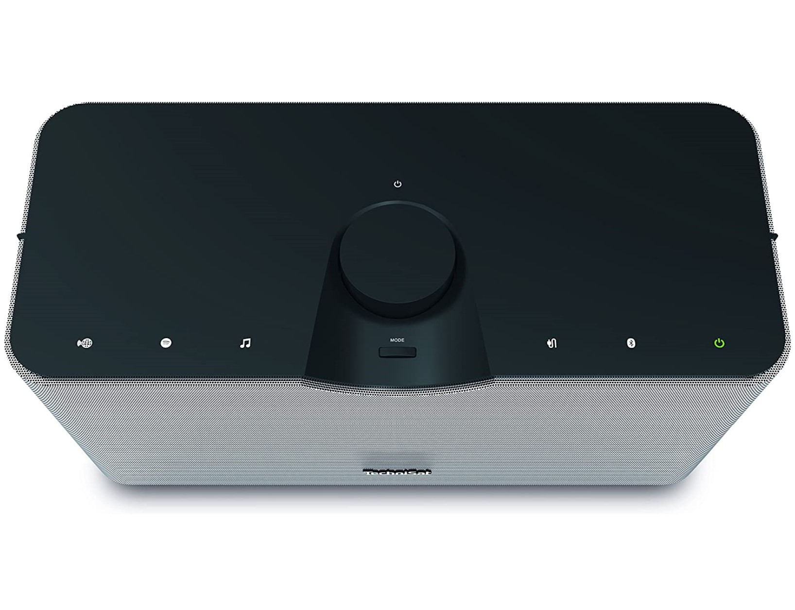 Czarny i szary głośnik z centralnym pokrętłem, widok z góry na białej powierzchni.