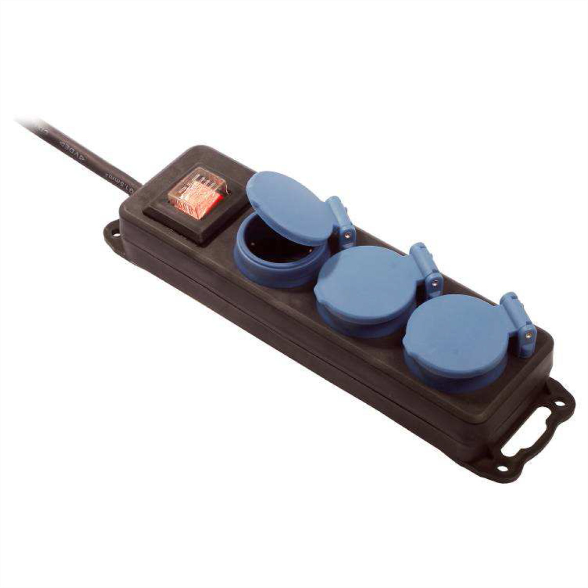 Czarny przedłużacz z trzema niebieskimi osłoniętymi gniazdami i włącznikiem/wyłącznikiem.