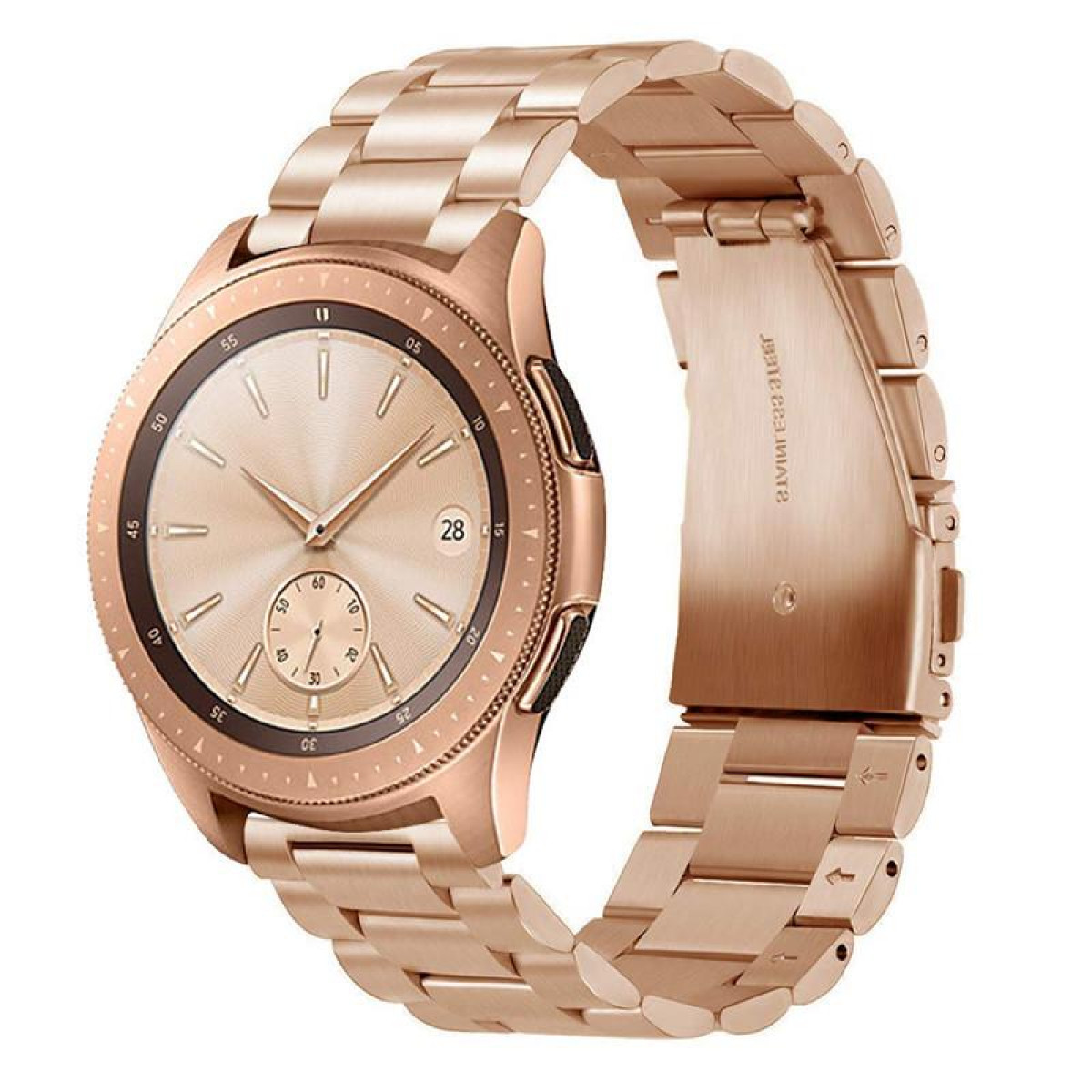 Roségoldene Smartwatch mit Metallarmband. Das Zifferblatt zeigt Zahlen und Zeiger. Armband ist befestigt.