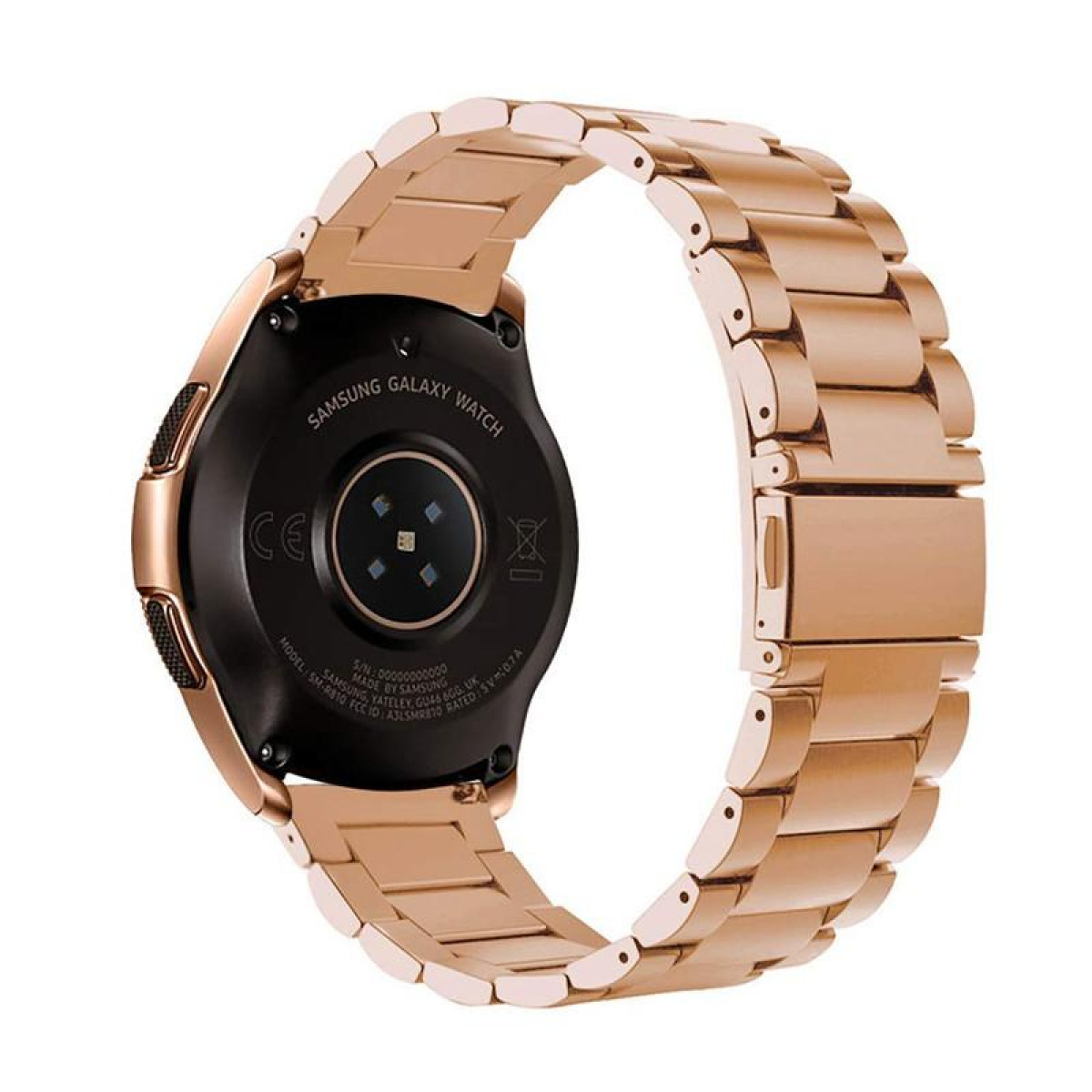 Roségoldene Samsung Galaxy Watch mit Metallarmband. Die Uhr befindet sich auf weißem Hintergrund.