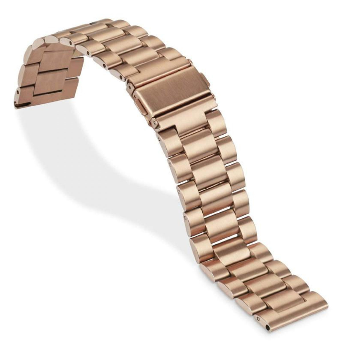 Ein gebogenes, roségoldenes Uhrenarmband, isoliert auf weißem Hintergrund, zeigt seine Glieder und den Verschluss.