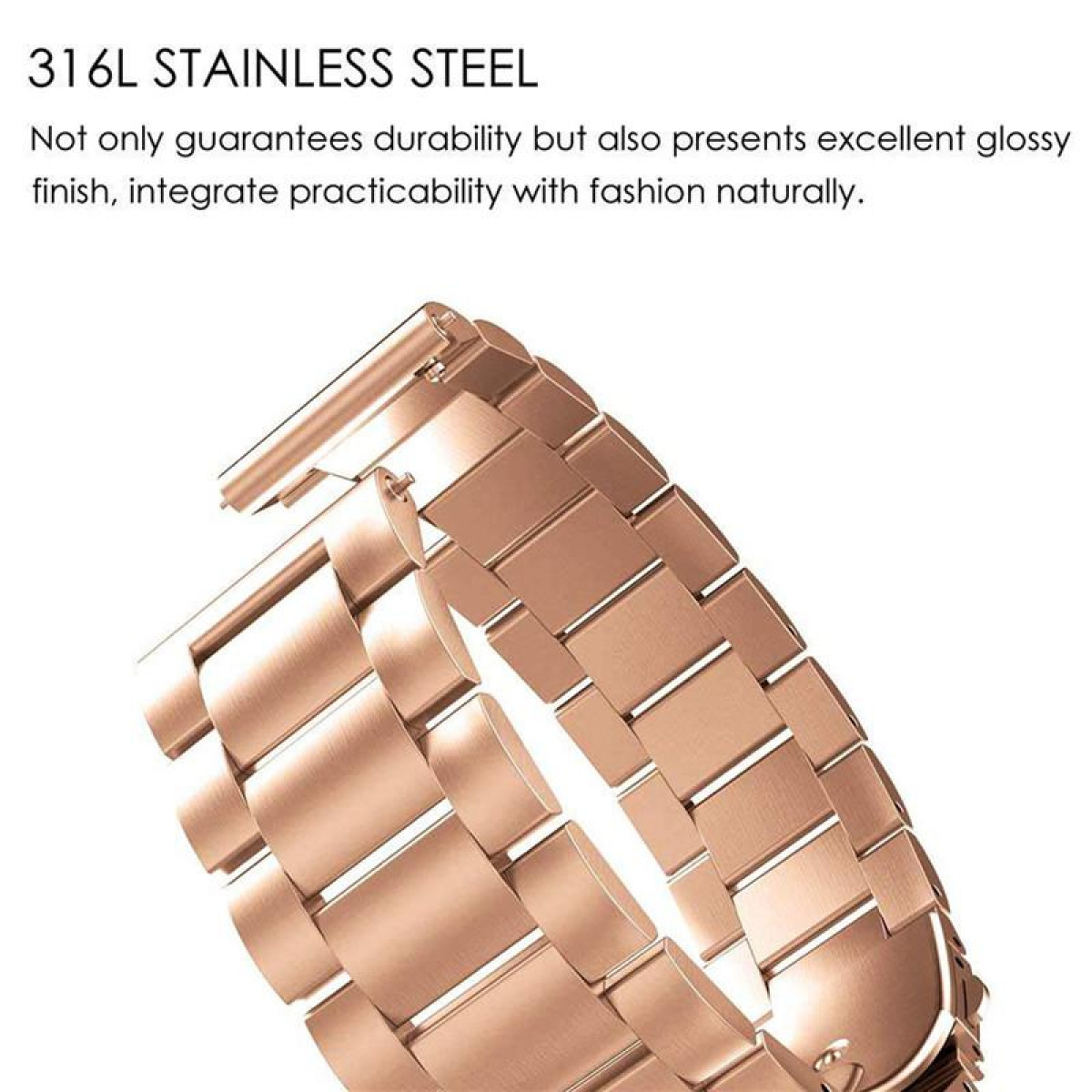Nahaufnahme eines roségoldenen Uhrenarmbands mit Edelstahl-Finish. Text hebt das Material hervor.