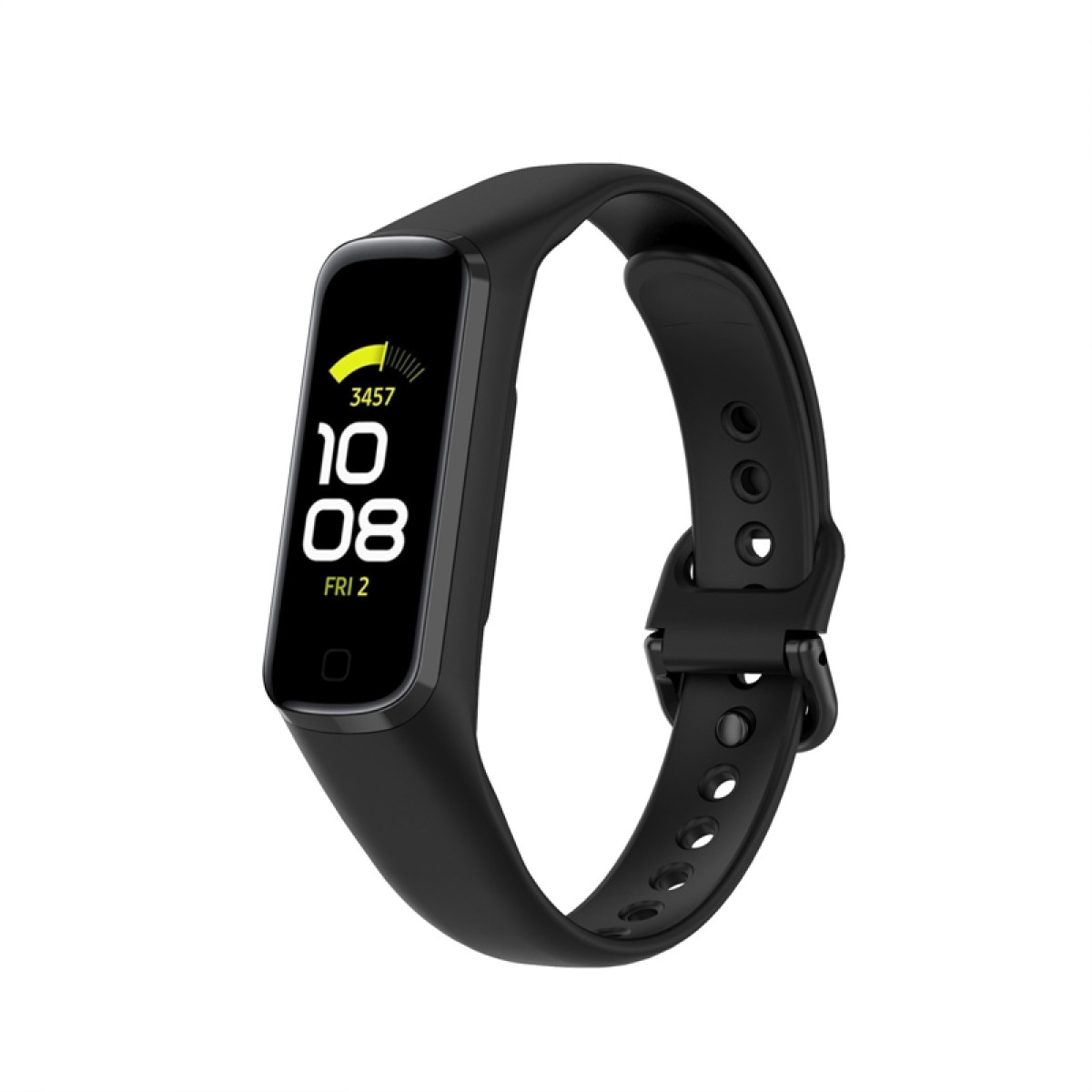 Reloj rastreador de fitness negro. Muestra la hora y estadísticas en una pantalla, con una correa negra.