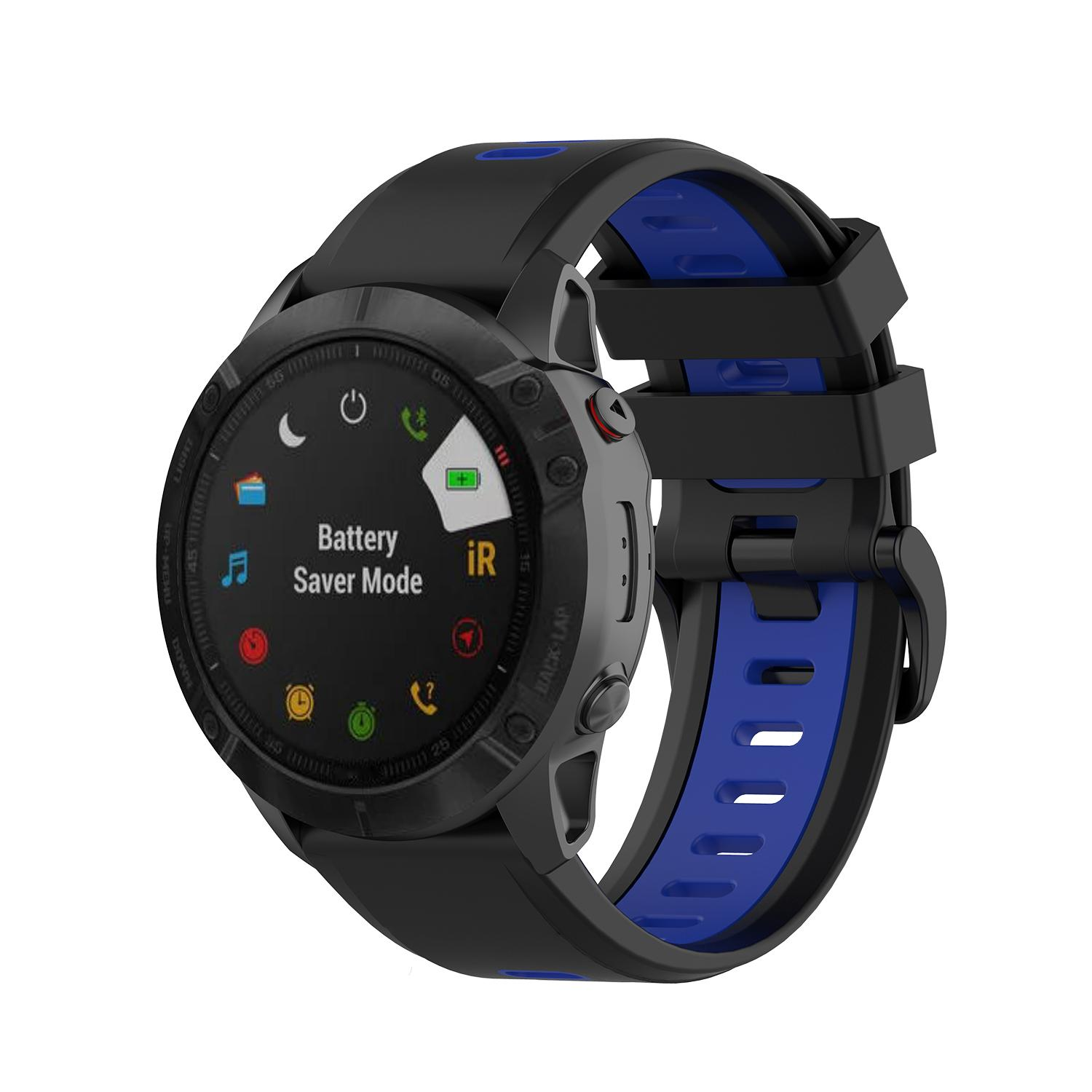 Czarny smartwatch z niebiesko-czarnym paskiem. Ekran wyświetla opcje trybu oszczędzania baterii.