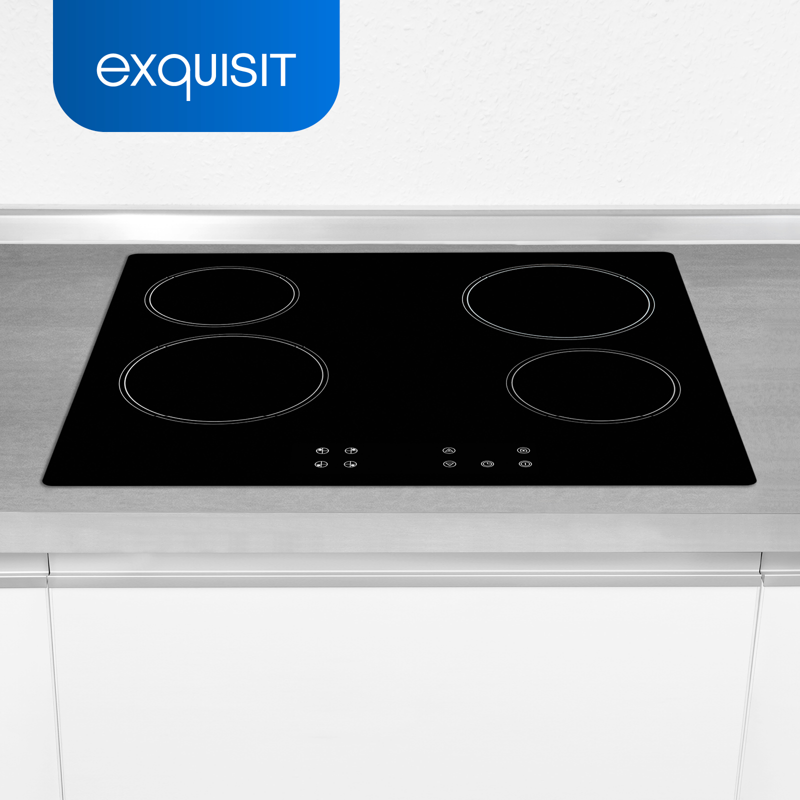 Black stovetop with four circular burners. The stovetop is on a light gray surface with the brand name.