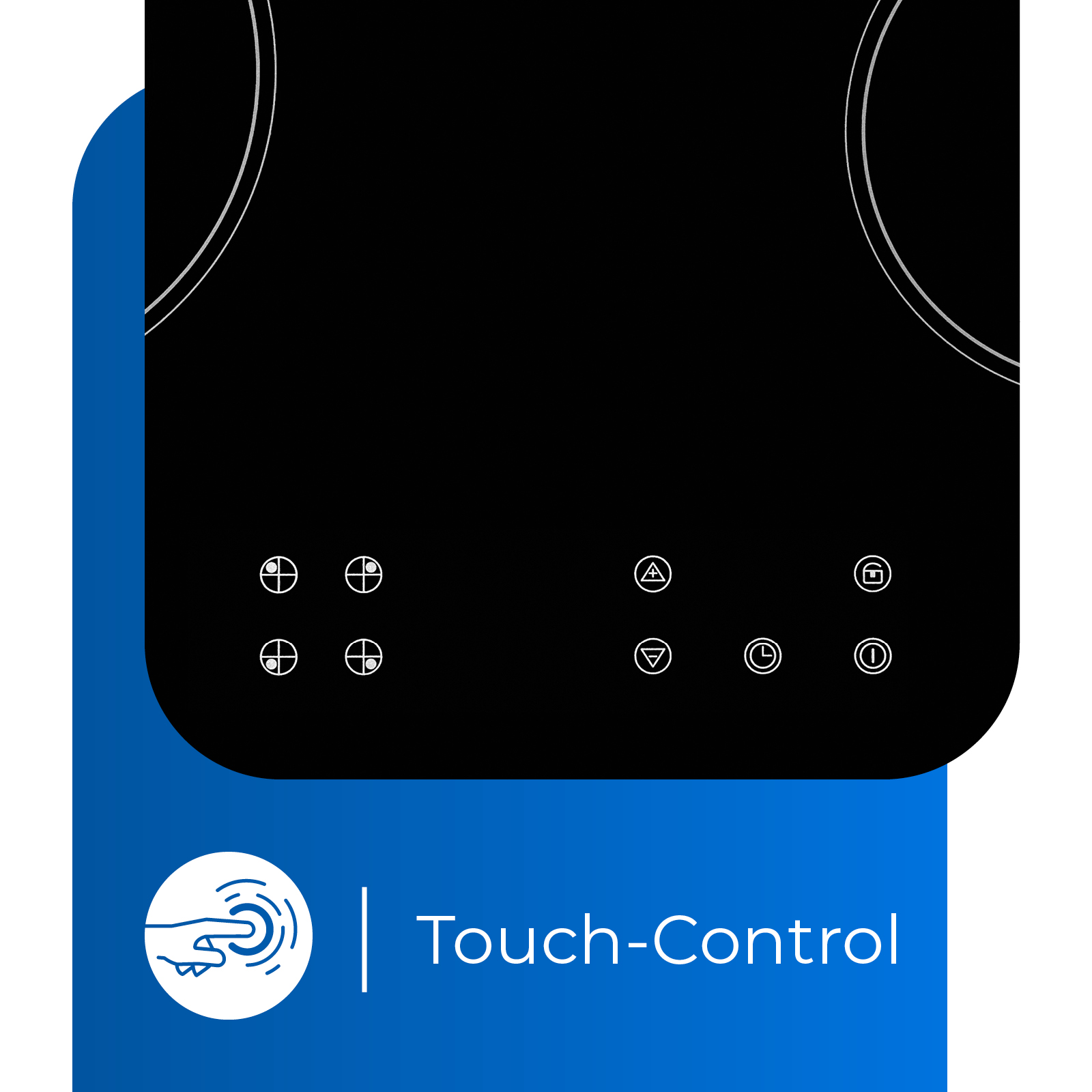 A black induction cooktop with touch controls and white icons, set against a blue background.