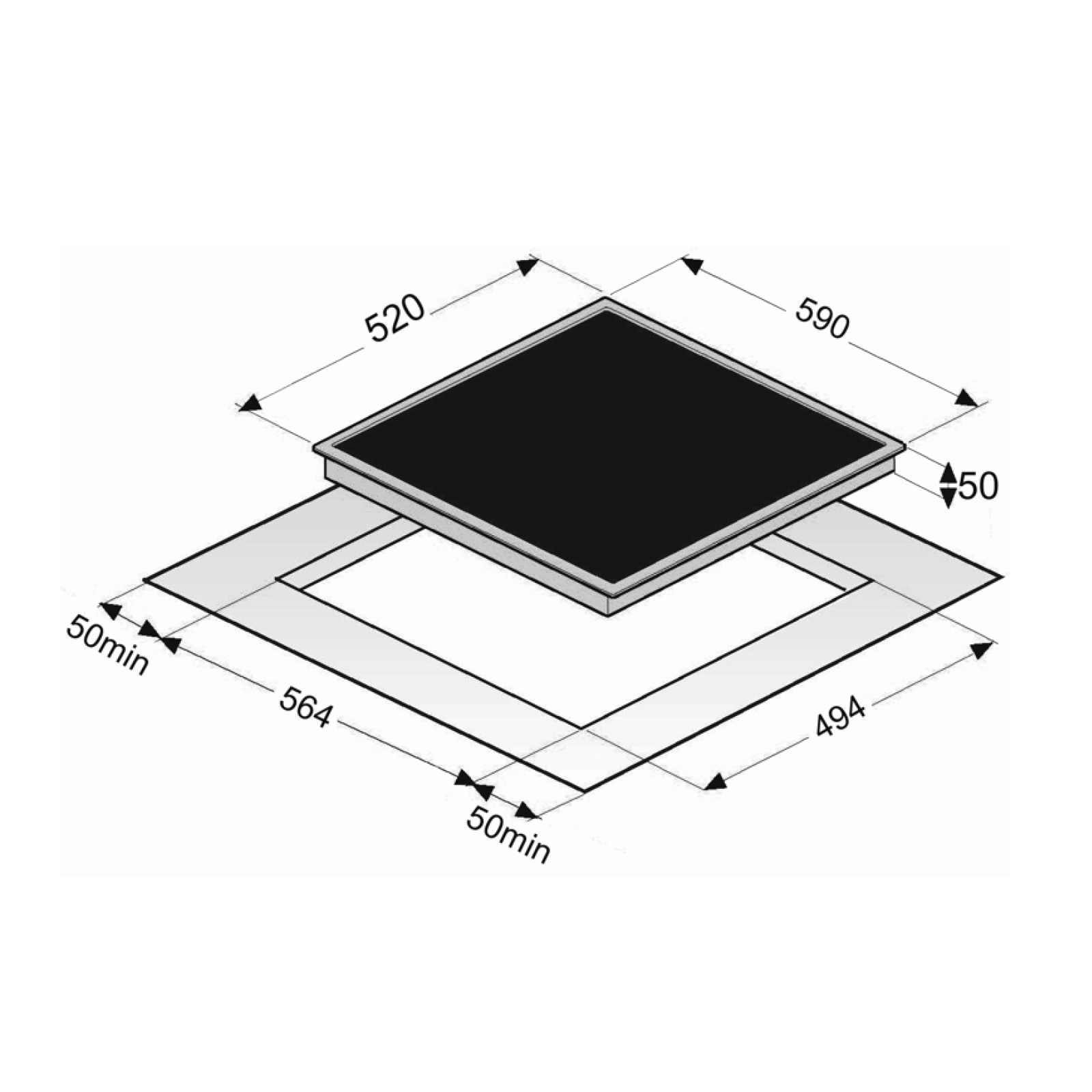Black cooktop with dimensions and measurements displayed, white background.