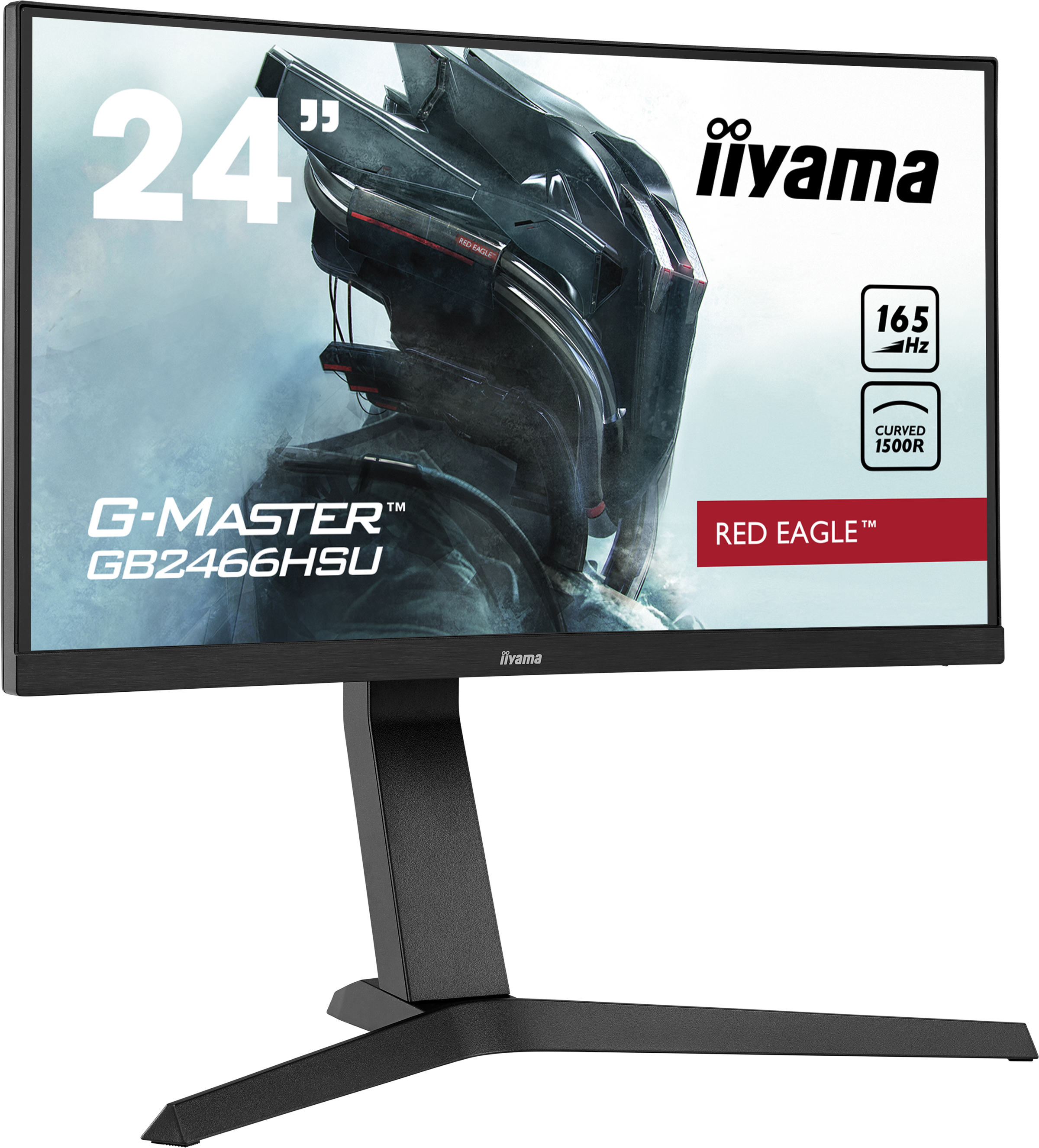 Czarny zakrzywiony monitor z nazwą Iiyama i marką Red Eagle. Monitor stoi na czarnym stojaku.
