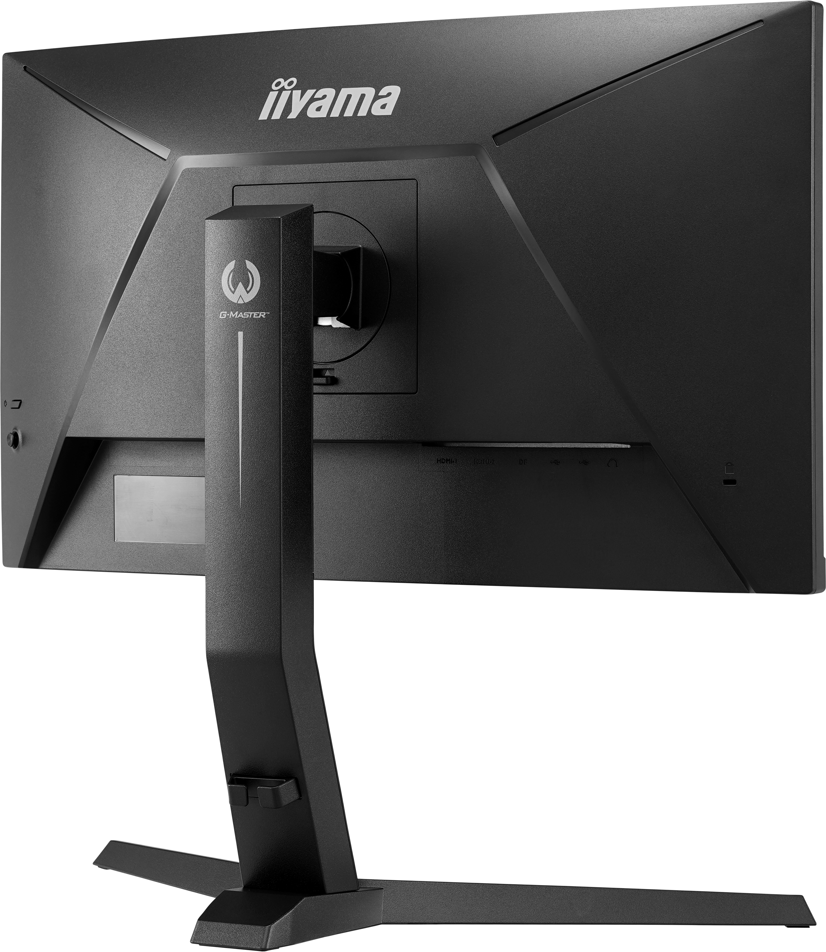 Tył czarnego monitora do gier iiyama G-Master ze stojakiem. Logo jest widoczne.