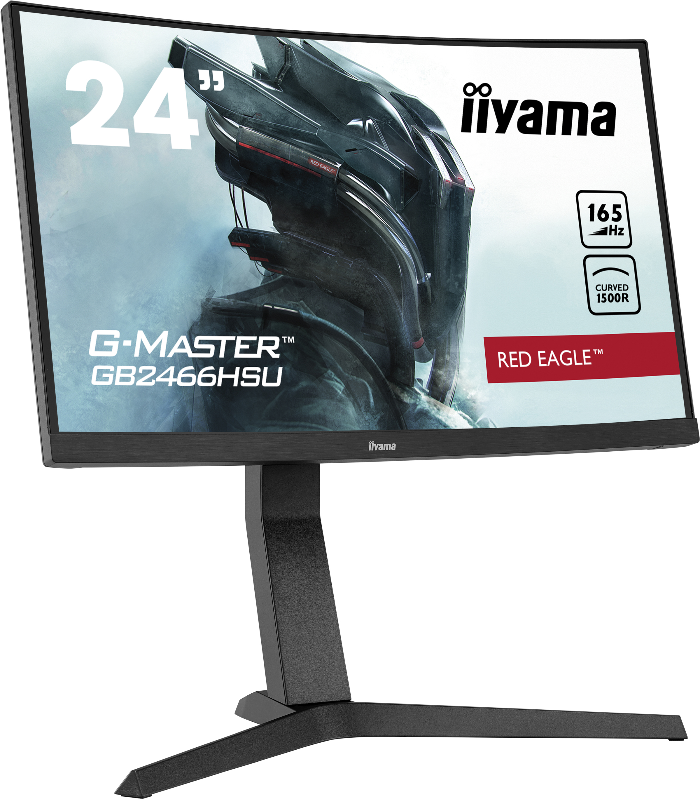 Zakrzywiony monitor z czarną podstawą, ekran wyświetla nazwę produktu i inne informacje.