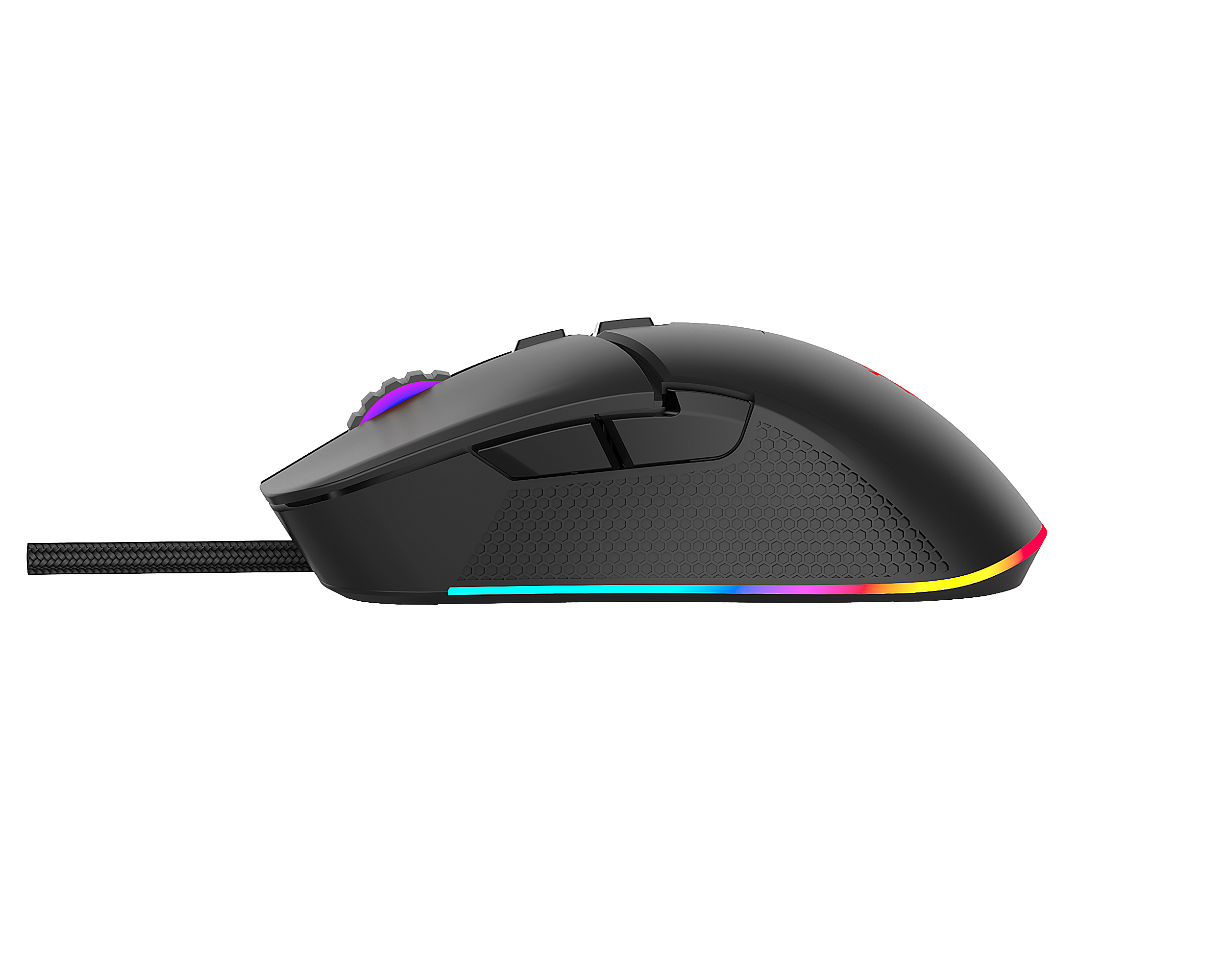 Schwarze Gaming-Maus, Seitenansicht. Mit Tasten, Scrollrad und bunten Lichtern.