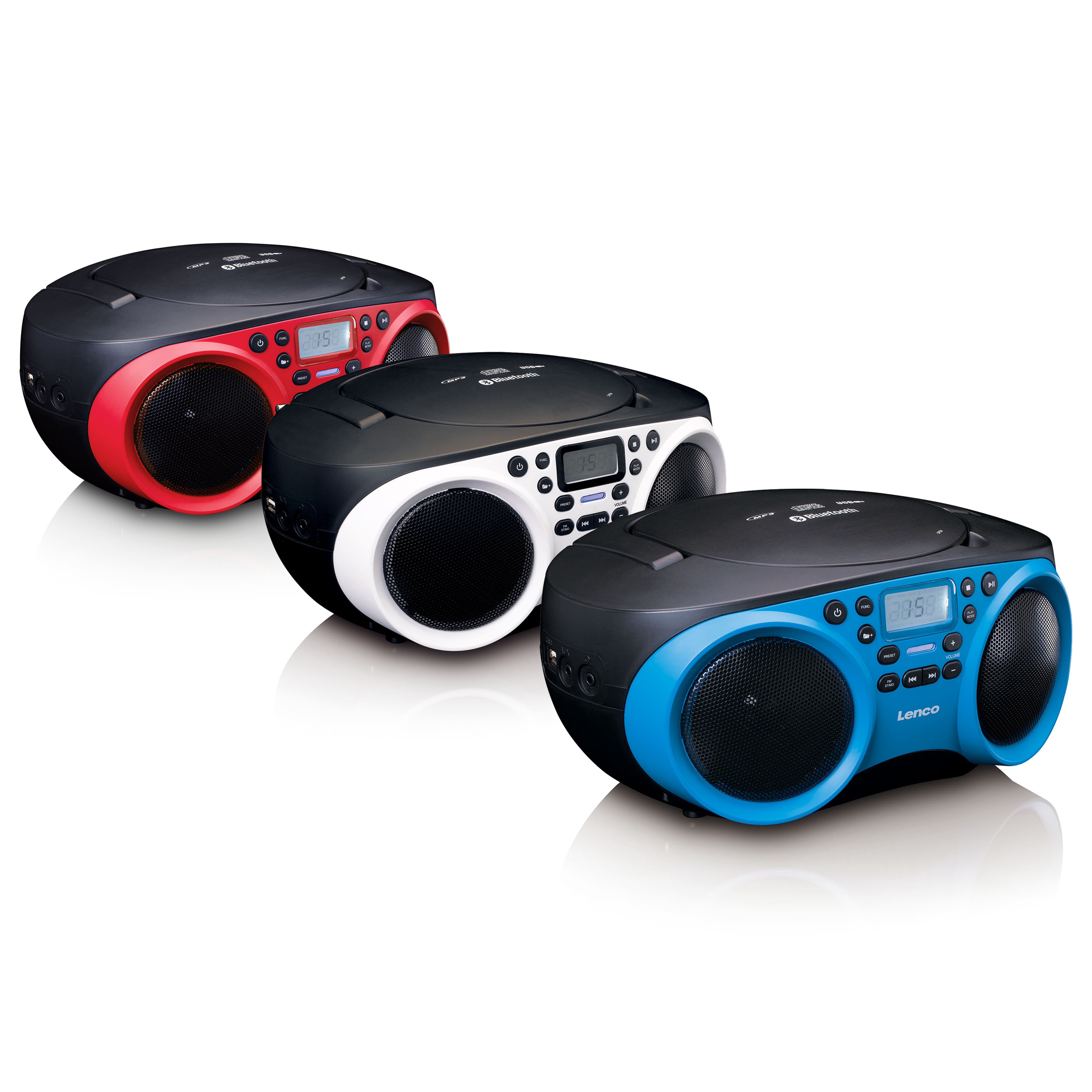 Drei Radios in Rot, Schwarz und Blau. Jedes hat zwei Lautsprecher und ein Display.