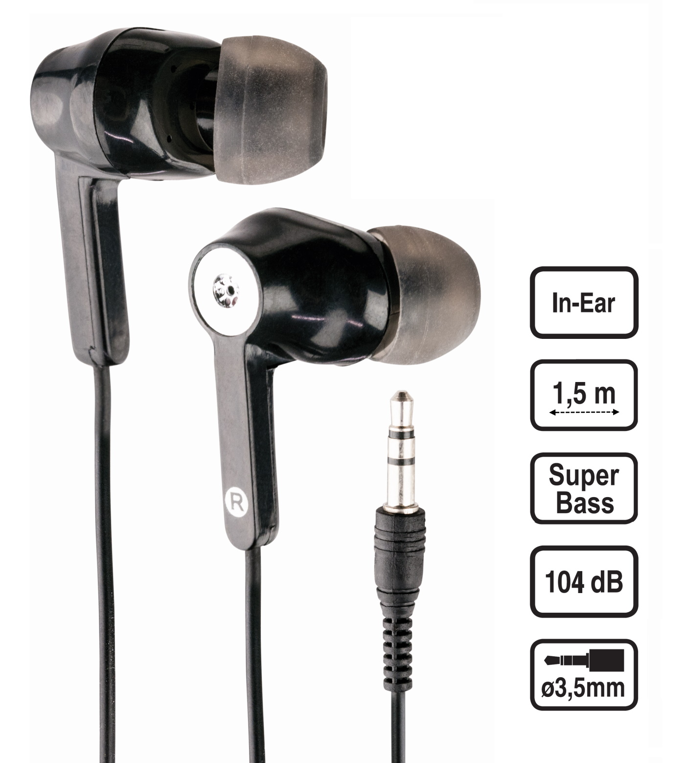 Schwarze In-Ear-Kopfhörer mit 3,5-mm-Klinke. Merkmale sind Superbass und 104 dB Ausgang.