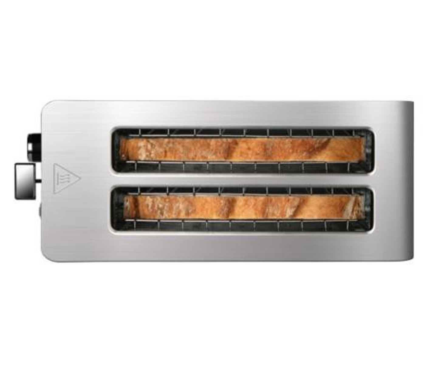 Silberner Toaster mit Brotscheiben, bereit zum Toasten, Draufsicht.