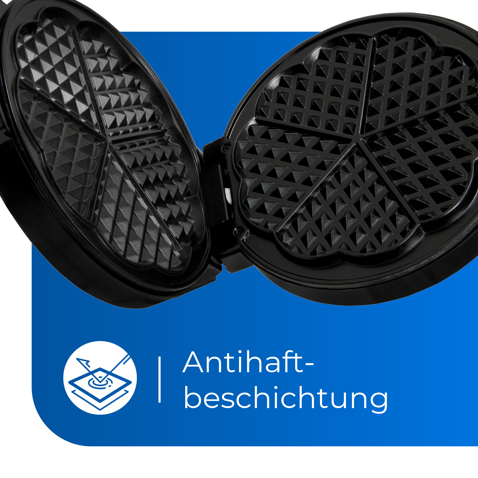 Offener schwarzer Waffeleisen mit Waffelmuster. Text sagt Antihaftbeschichtung. Auf blauem Hintergrund.