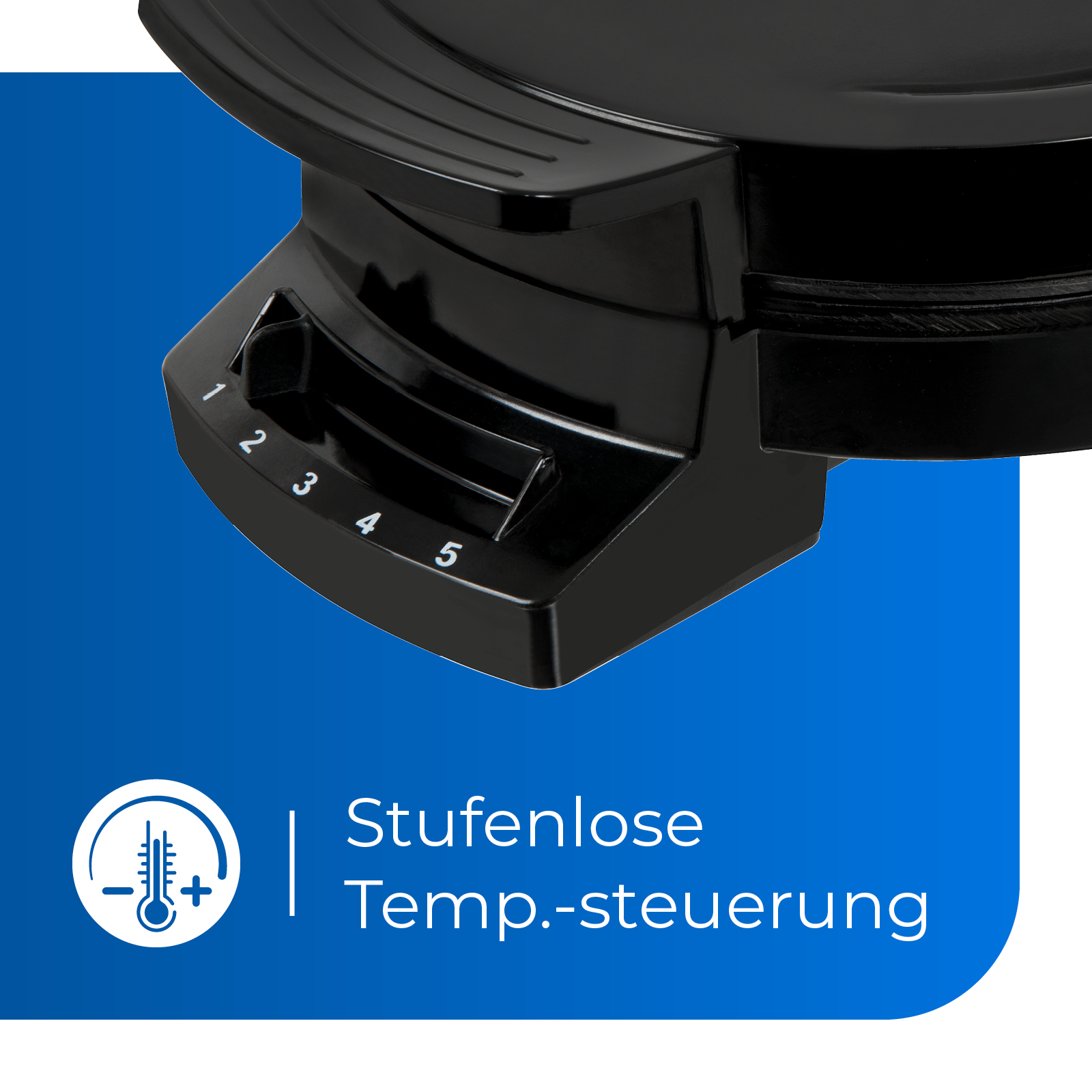 Ein schwarzer Waffeleisen, das Temperatureinstellungen zeigt.