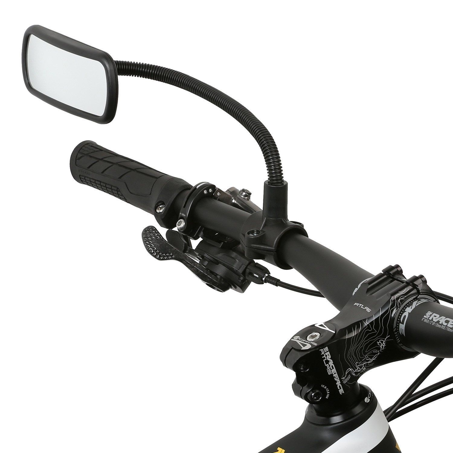 Schwarzer Fahrradspiegel an Lenker montiert, zeigt die Rückansicht.