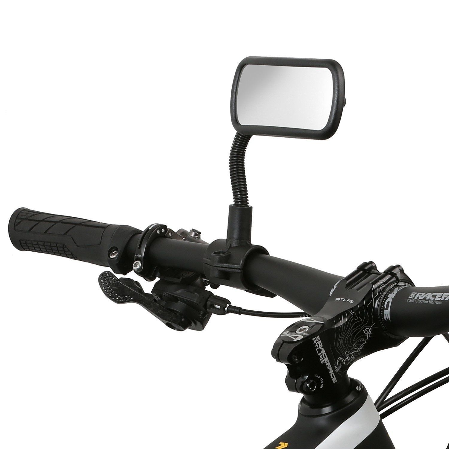 Fahrradlenker mit einem Spiegel befestigt.