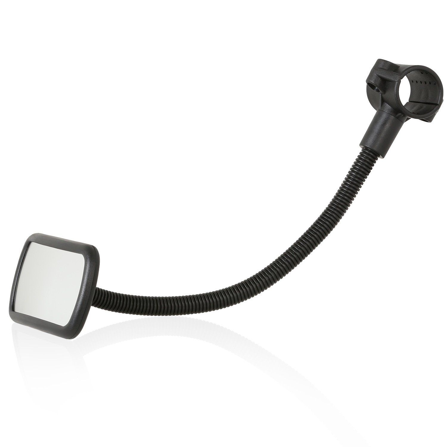 Ein schwarzer Babyspiegel mit flexiblem Arm. Der Spiegel ist rechteckig und der Arm ist gebogen und gewunden.
