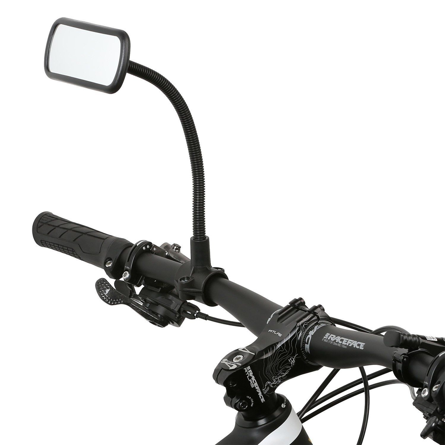 Ein Fahrradlenker mit einem montierten Spiegel, der die Sicht auf die Straße zeigt.